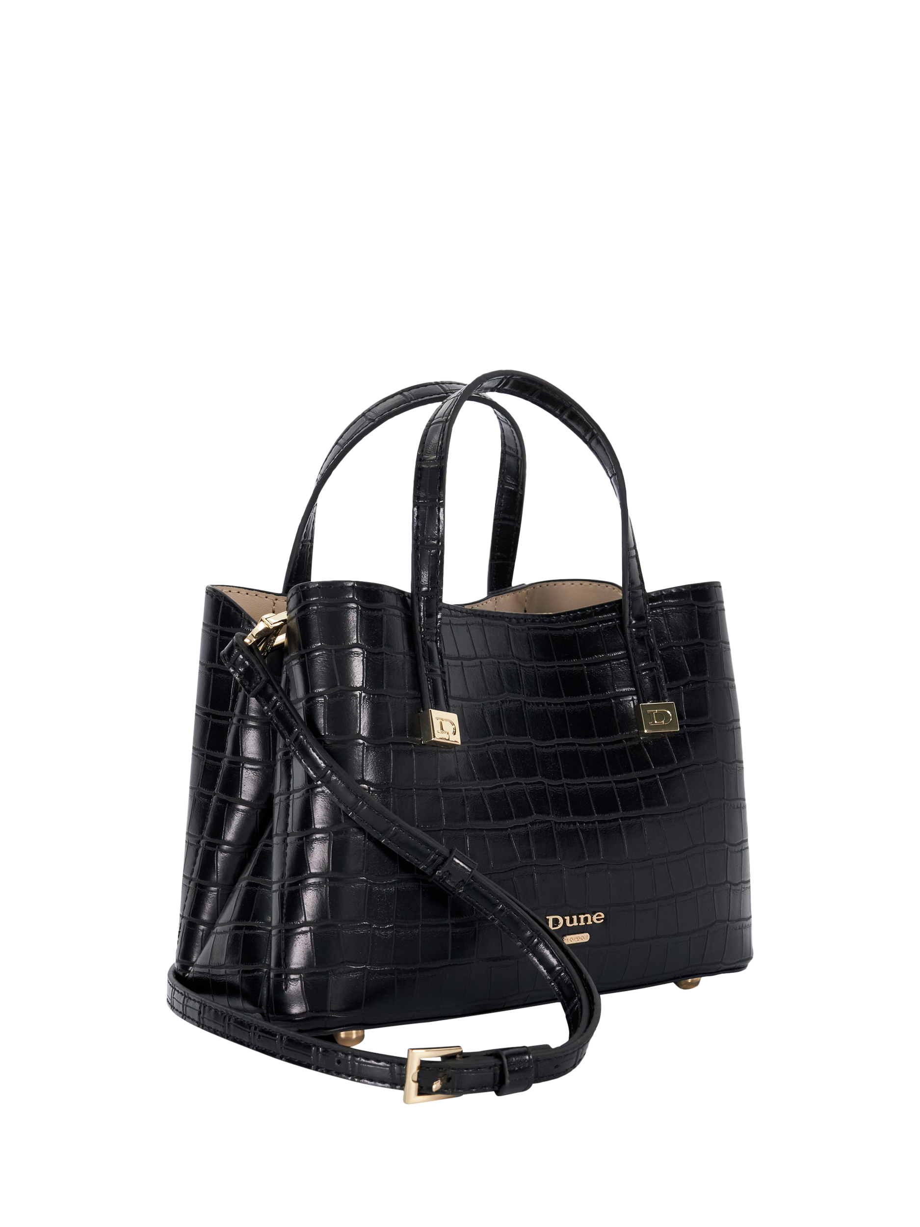 Product image 3 of 11, which shows Dune London Dinkydorrio Patent Croc Effect Tote Bag, Black