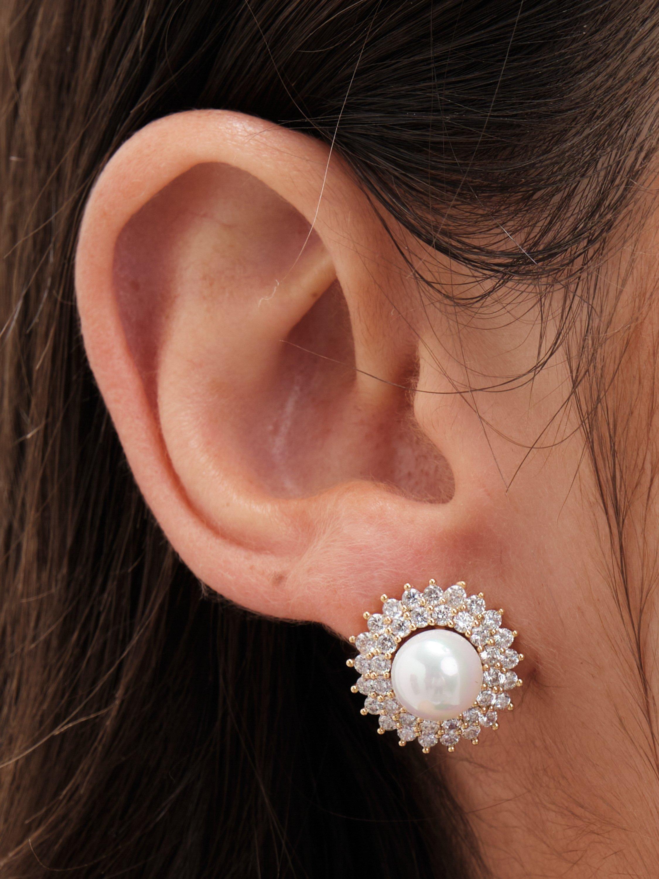 Product image 2 of 3, which shows Jon Richard Cubic Zirconia and Pearl Stud Earrings, Gold