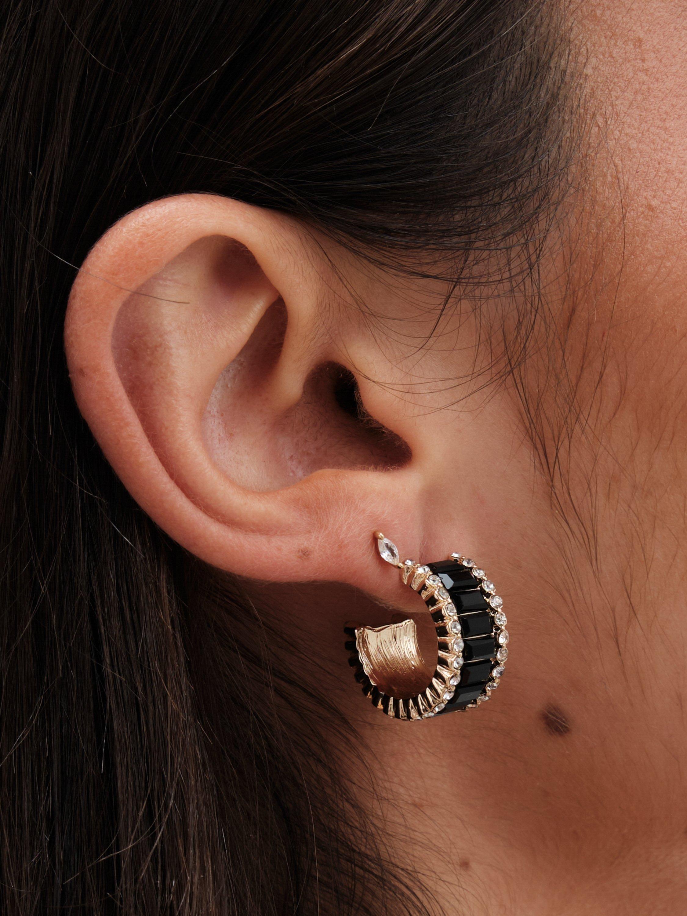 Product image 3 of 4, which shows Jon Richard Gold Plated and Jet Baguette Stone Hoop Earrings