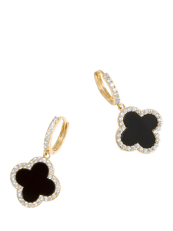 Jon Richard Jet Clover Drop Huggie Earrings, Gold, Gold/Black