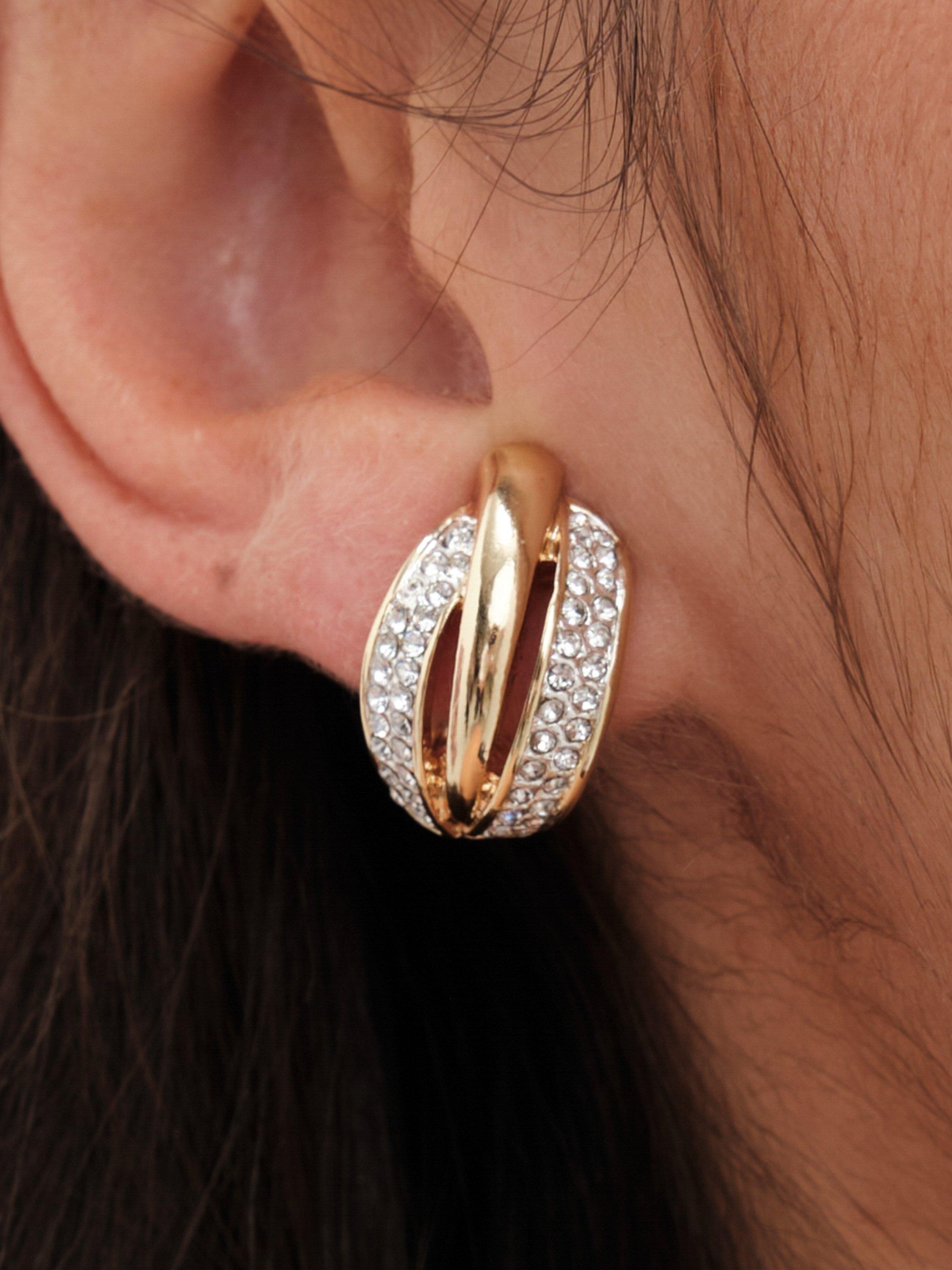 Product image 1 of 4, which shows Jon Richard Crystal Ribbed Triple Row Clip-On Earrings, Gold