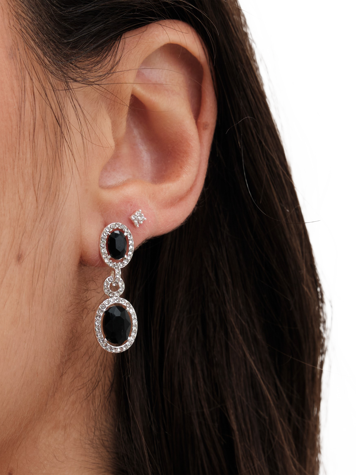 Product image 3 of 3, which shows Jon Richard Crystal And Jet Halo Earrings, Silver