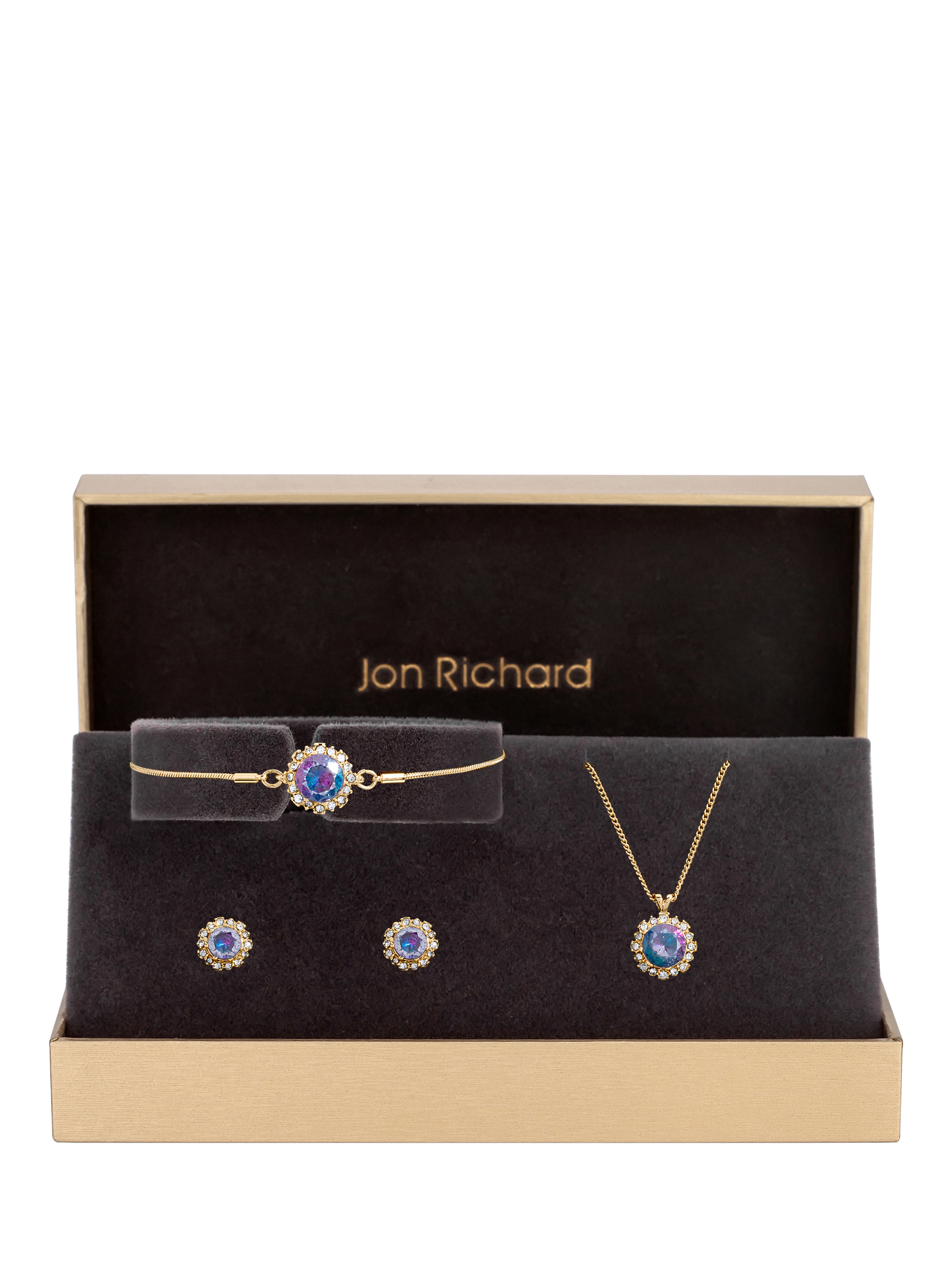Product image 1 of 4, which shows Jon Richard Bridal Colour Effect Stone Halo Pendant Necklace, Earrings and Bracelet Set, Gold