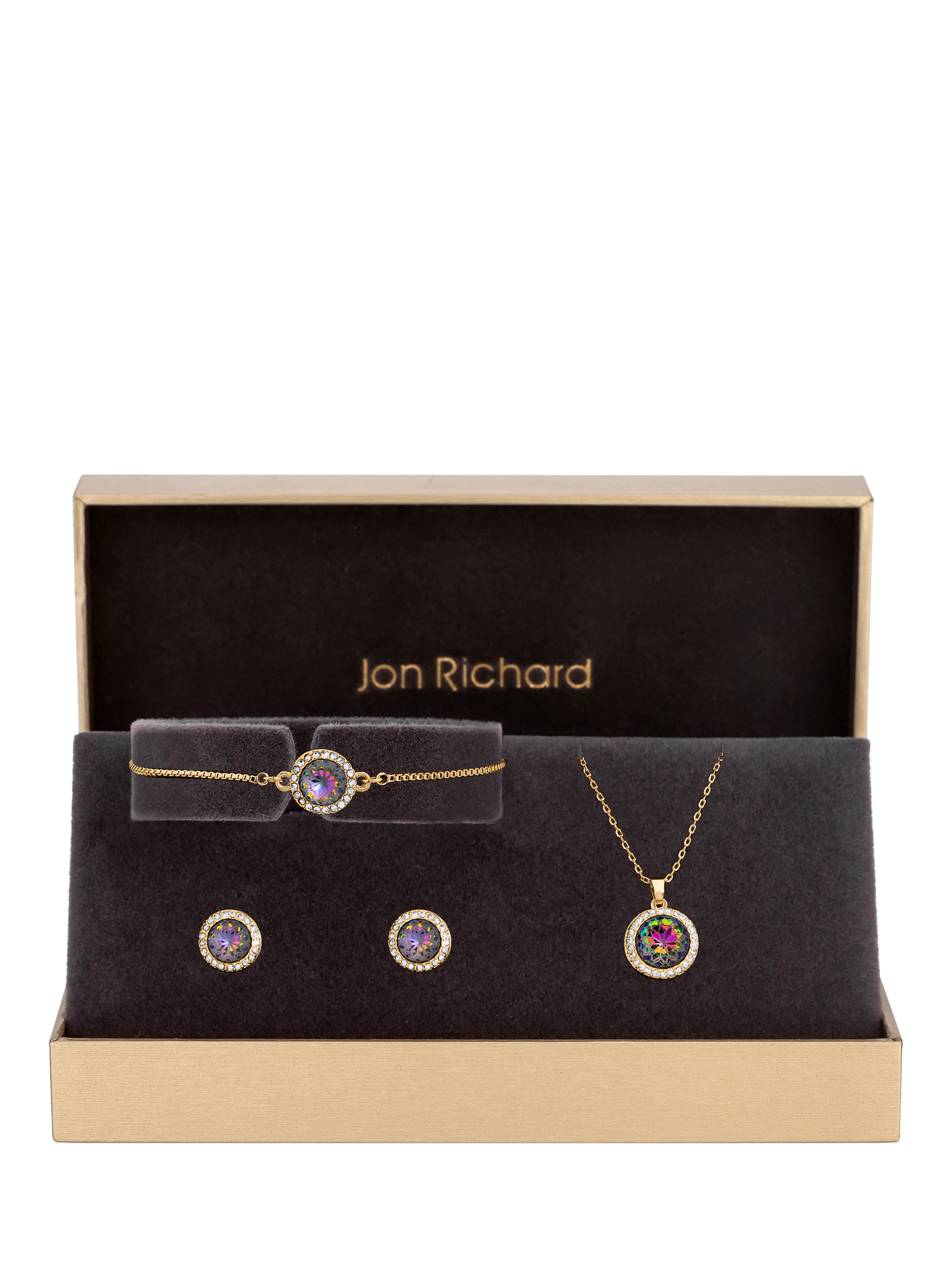 Product image 1 of 1, which shows Jon Richard Colour Effect Stone Halo Pendant Necklace, Earrings and Bracelet Set