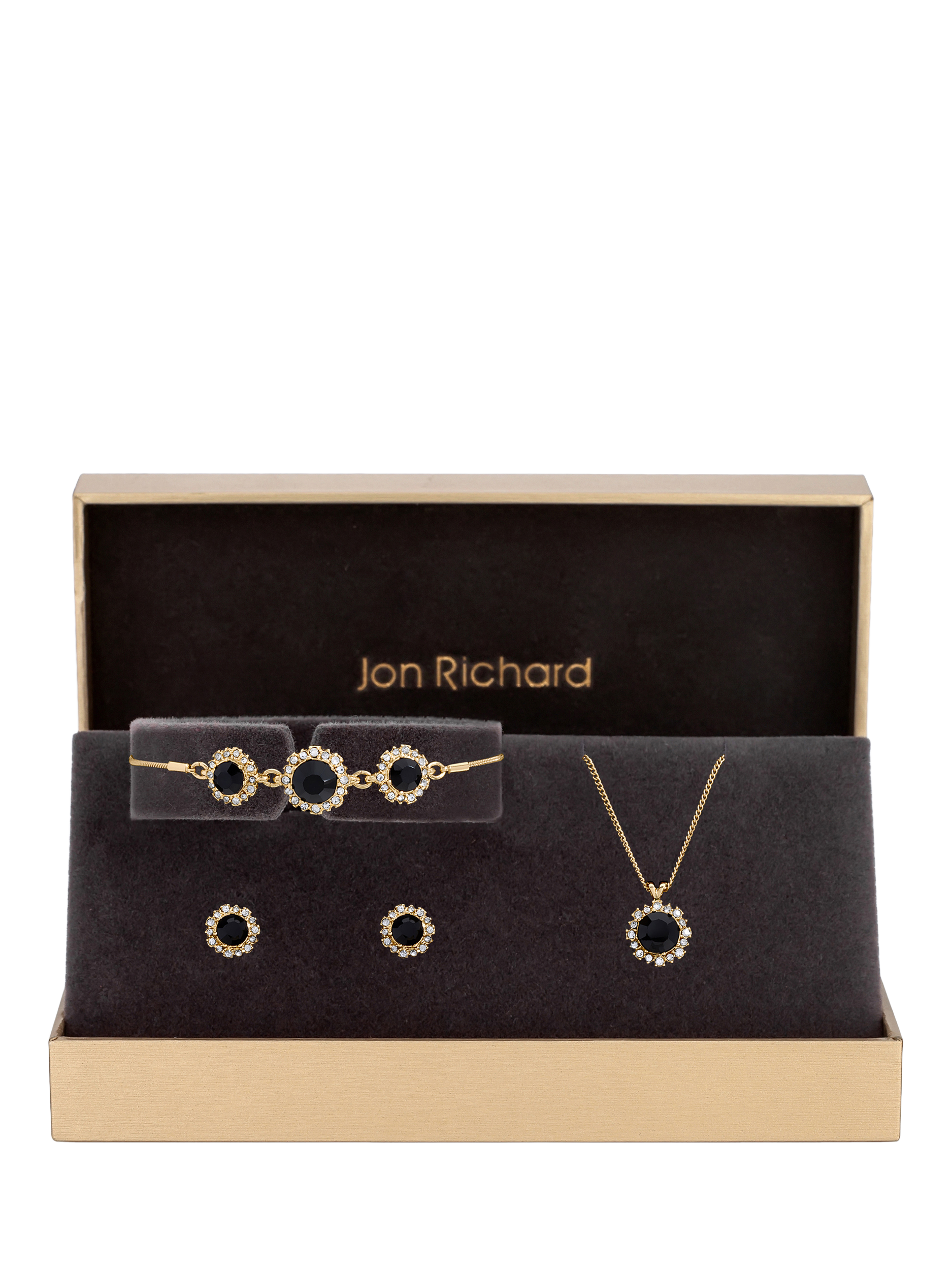 Product image 1 of 4, which shows Jon Richard Cubic Zirconia Circles Stud Earrings, Bracelet and Pendant Necklace Gift Set, Gold