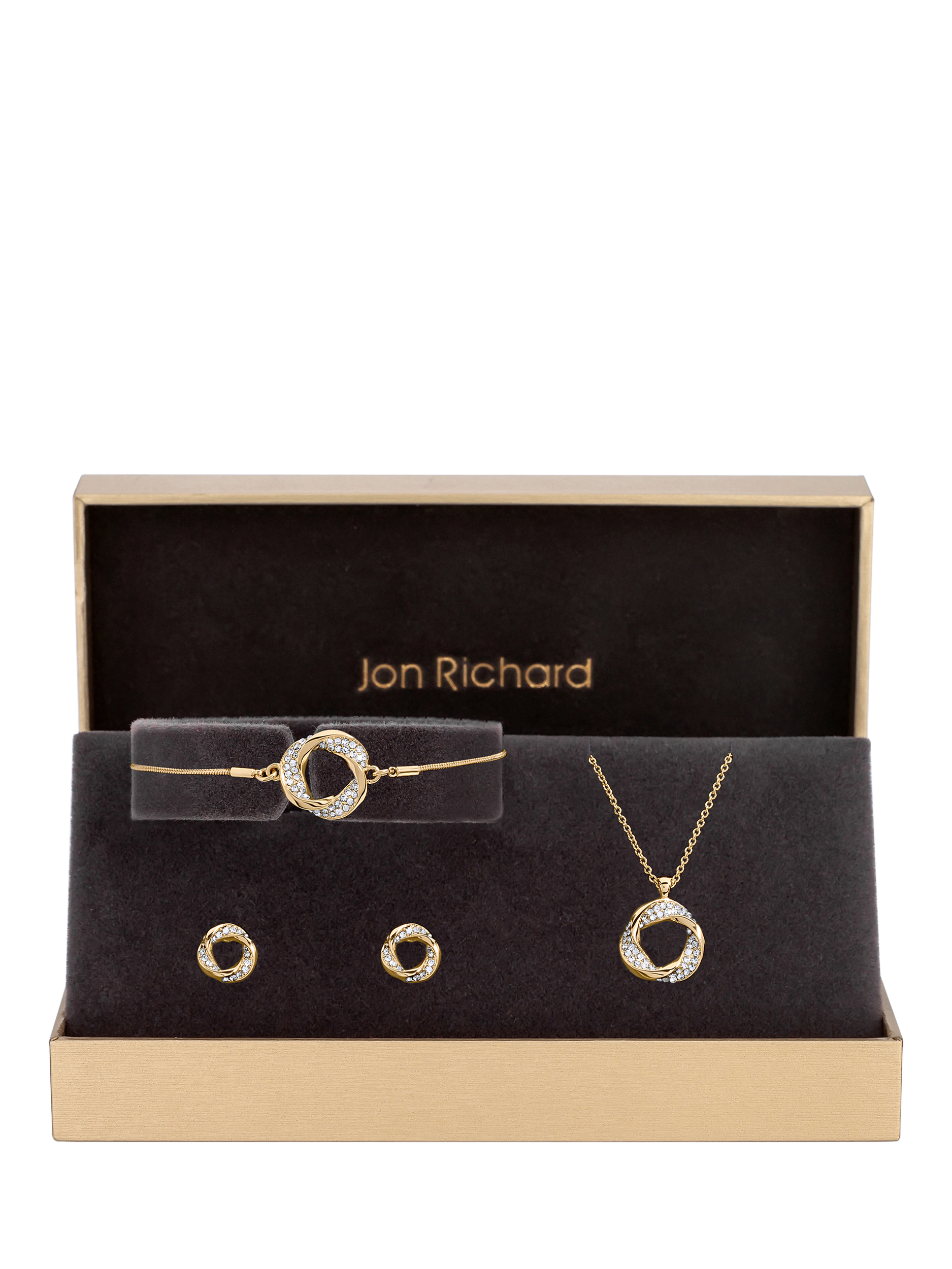 Product image 1 of 5, which shows Jon Richard Cubic Zirconia Twisted Circle Pendant Necklace, Bracelet and Stud Earrings Jewellery Set, Gold