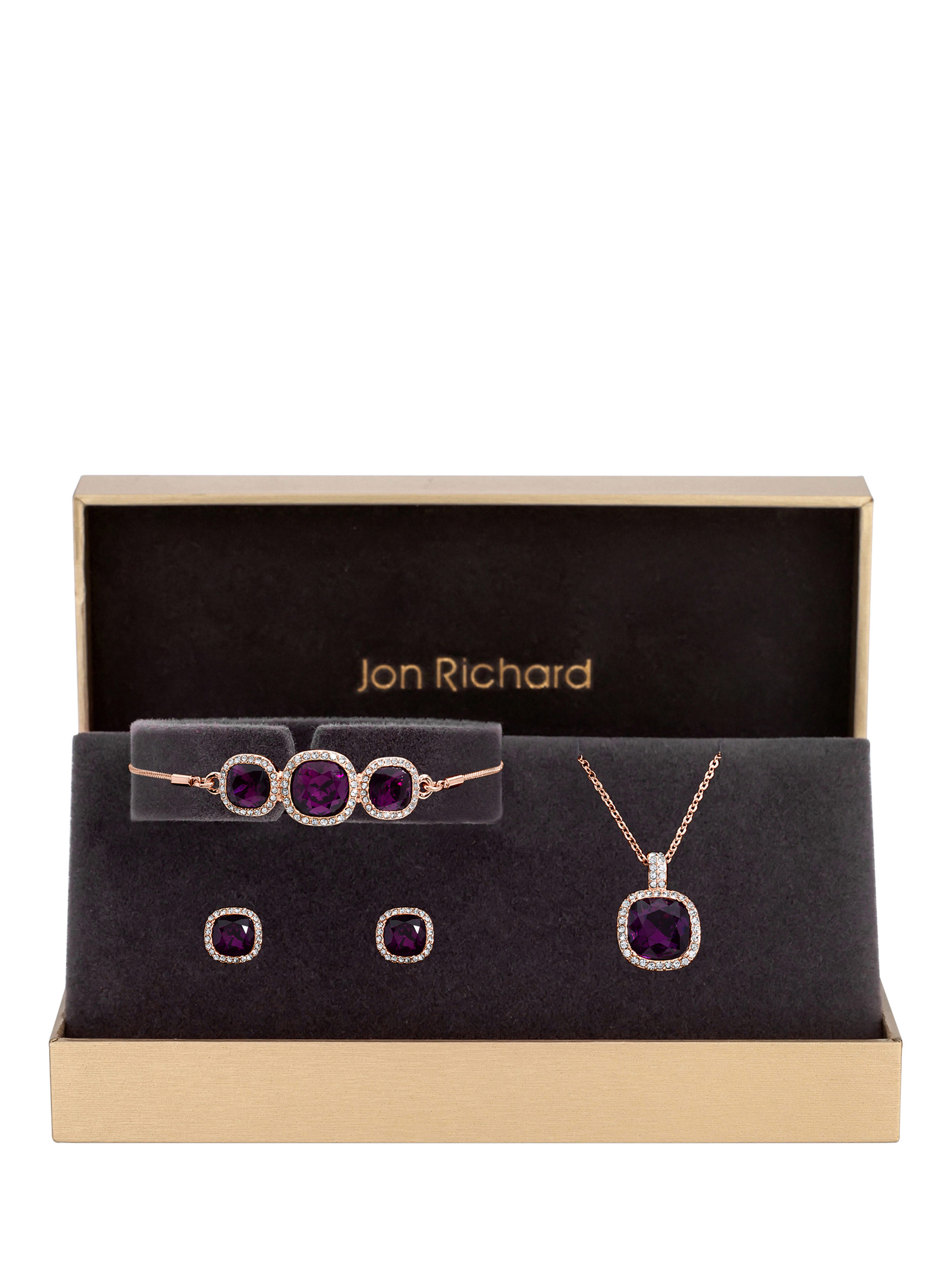 Product image 1 of 5, which shows Jon Richard Cushion Cubic Zirconia Pendant Necklace, Stud Earrings and Toggle Bracelet, Rose Gold/Purple