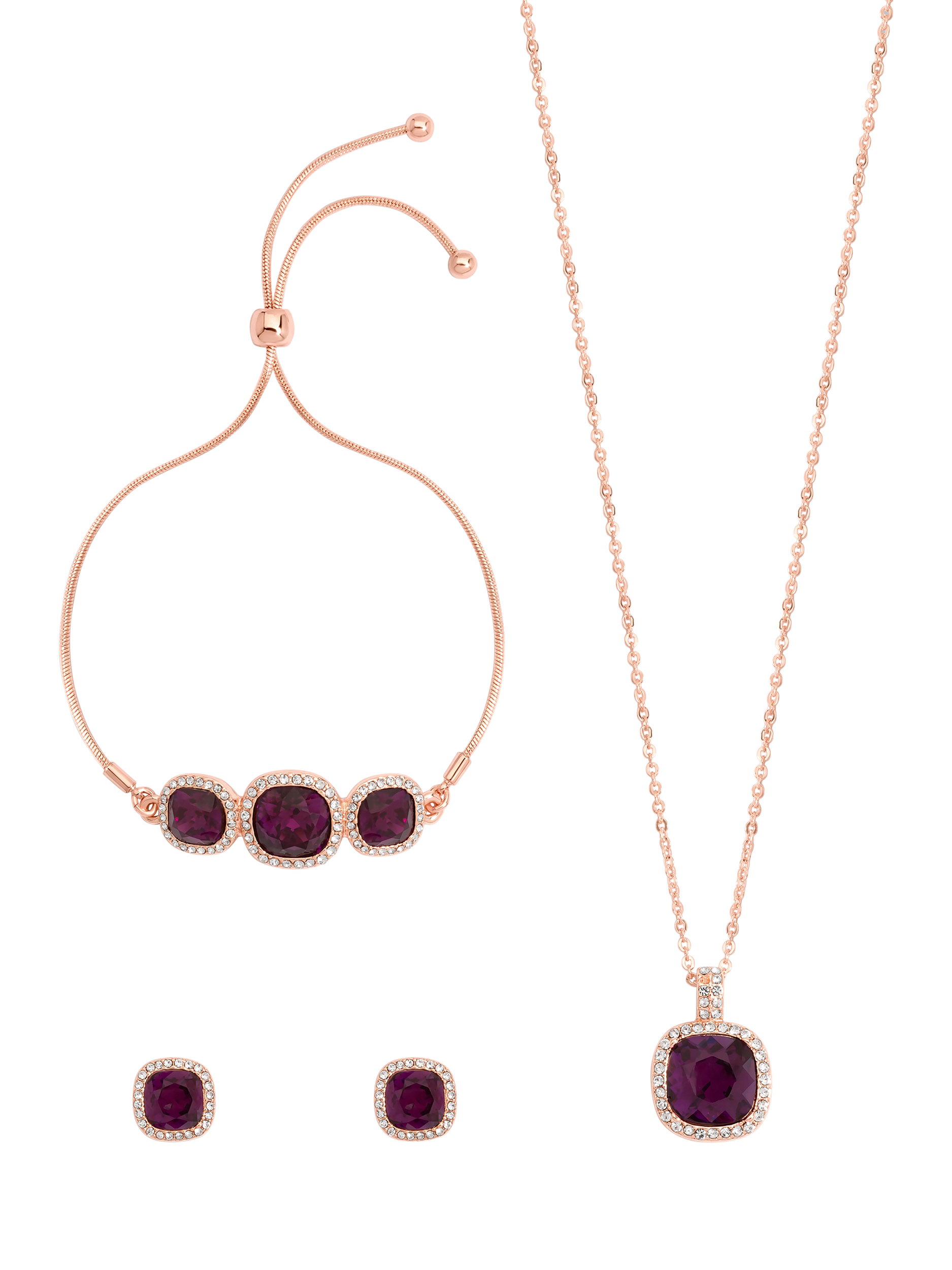 Product image 2 of 5, which shows Jon Richard Cushion Cubic Zirconia Pendant Necklace, Stud Earrings and Toggle Bracelet, Rose Gold/Purple