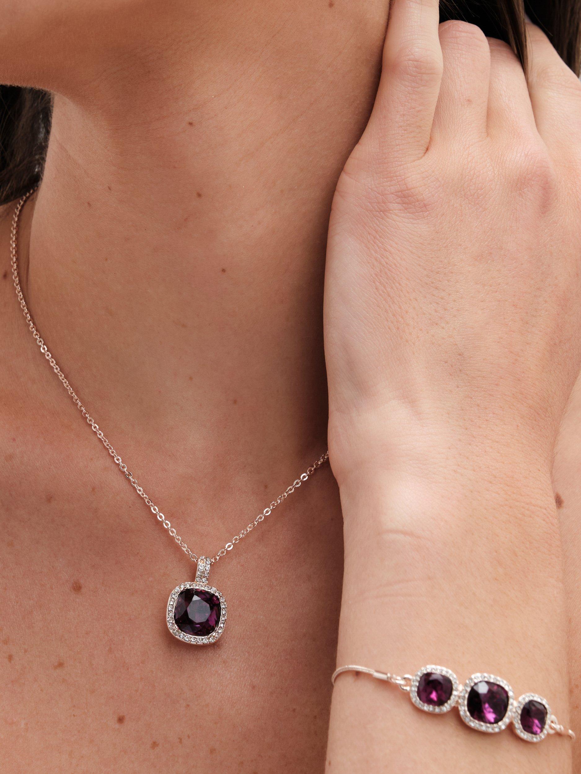 Product image 3 of 5, which shows Jon Richard Cushion Cubic Zirconia Pendant Necklace, Stud Earrings and Toggle Bracelet, Rose Gold/Purple