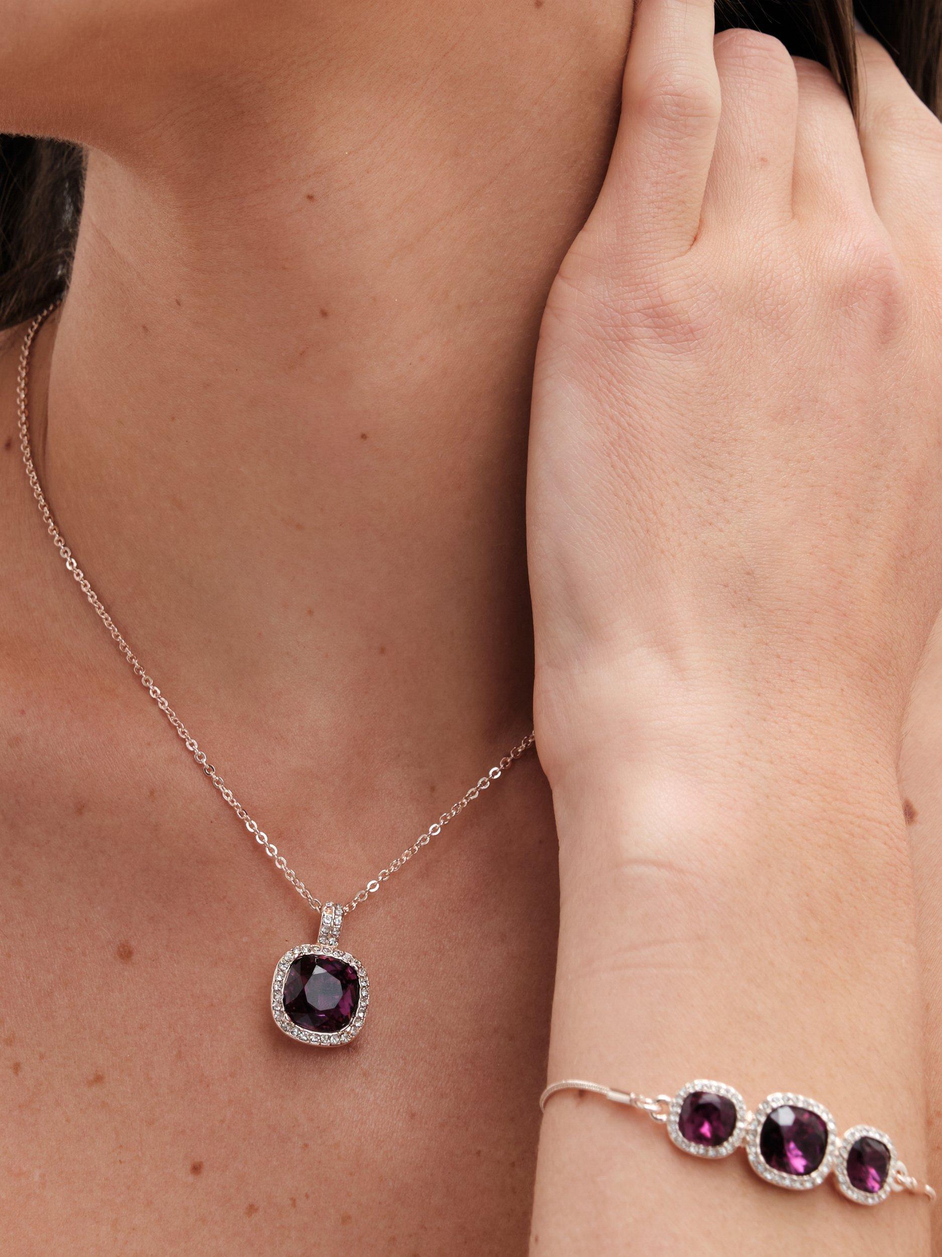Product image 5 of 5, which shows Jon Richard Cushion Cubic Zirconia Pendant Necklace, Stud Earrings and Toggle Bracelet, Rose Gold/Purple