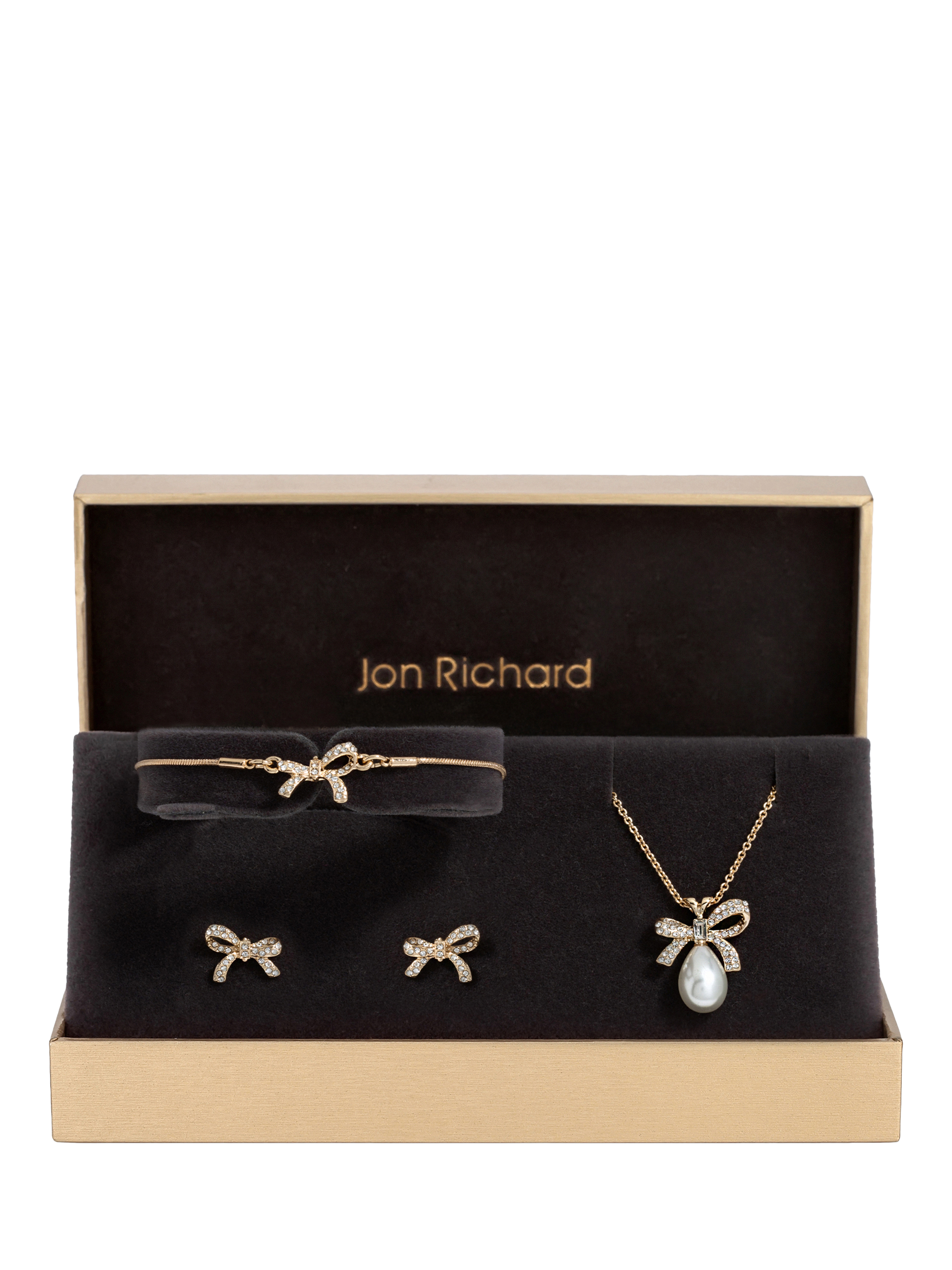 Product image 1 of 5, which shows Jon Richard Crystal Bow And Pearl Earrings, Pendant Necklace and Bracelet Set, Silver