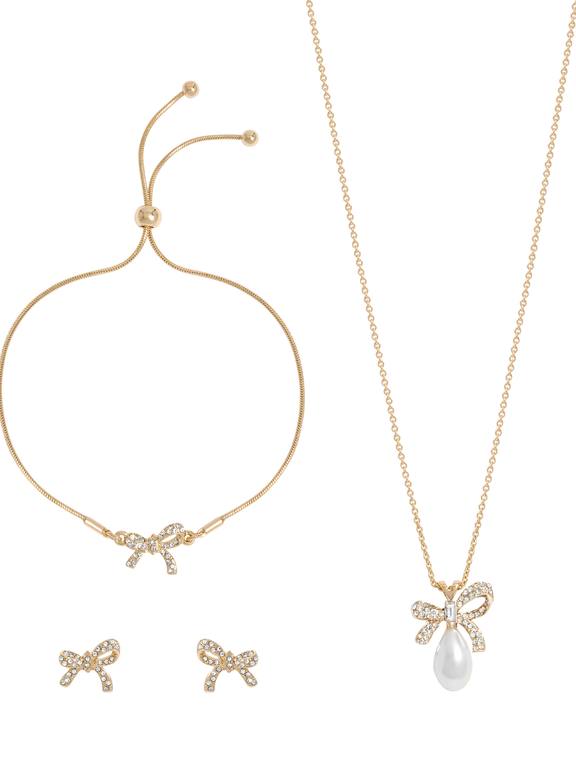 Product image 2 of 5, which shows Jon Richard Crystal Bow And Pearl Earrings, Pendant Necklace and Bracelet Set, Silver