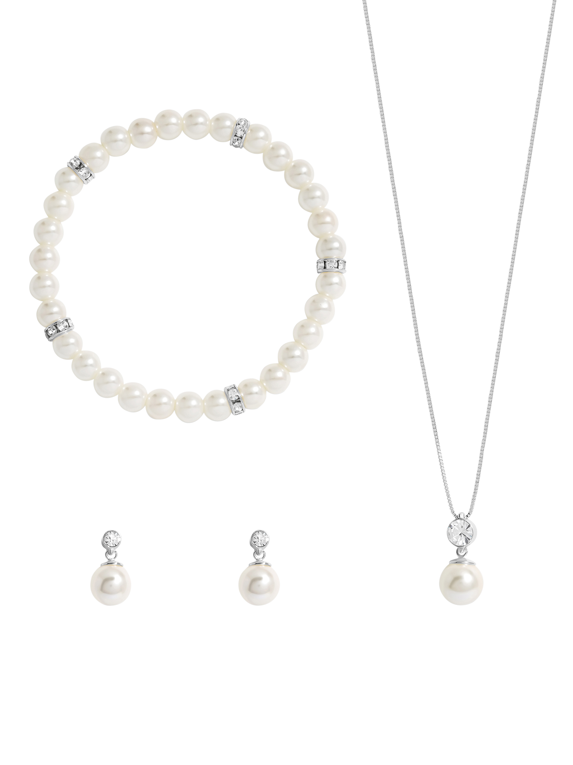 Product image 2 of 2, which shows Jon Richard Crystal Faux Pearl Bracelet, Earring and Pendant Necklace Jewellery Set, Silver