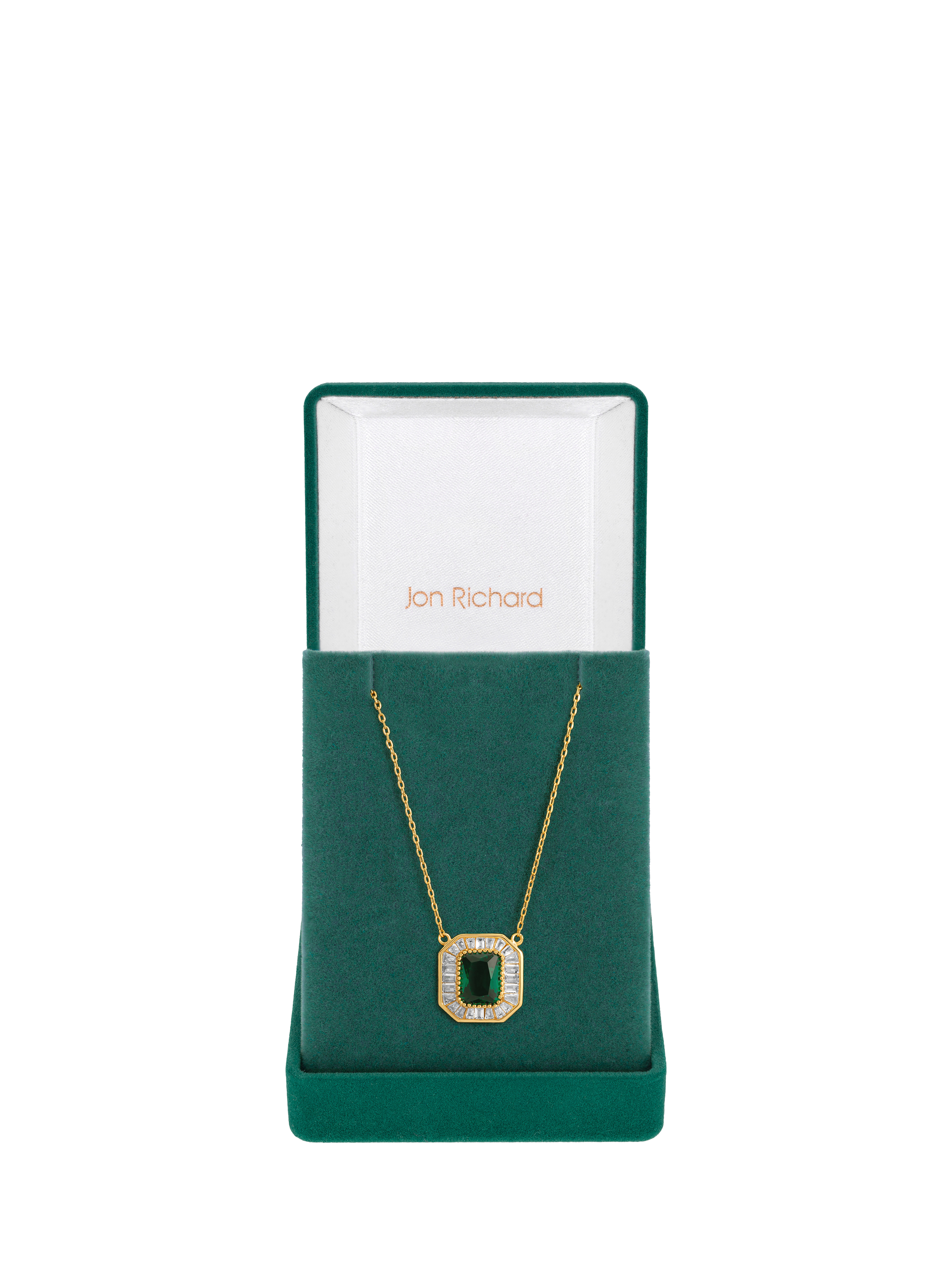 Product image 1 of 2, which shows Jon Richard Emerald Crystal Baguette Pendant Necklace, Gold/Green