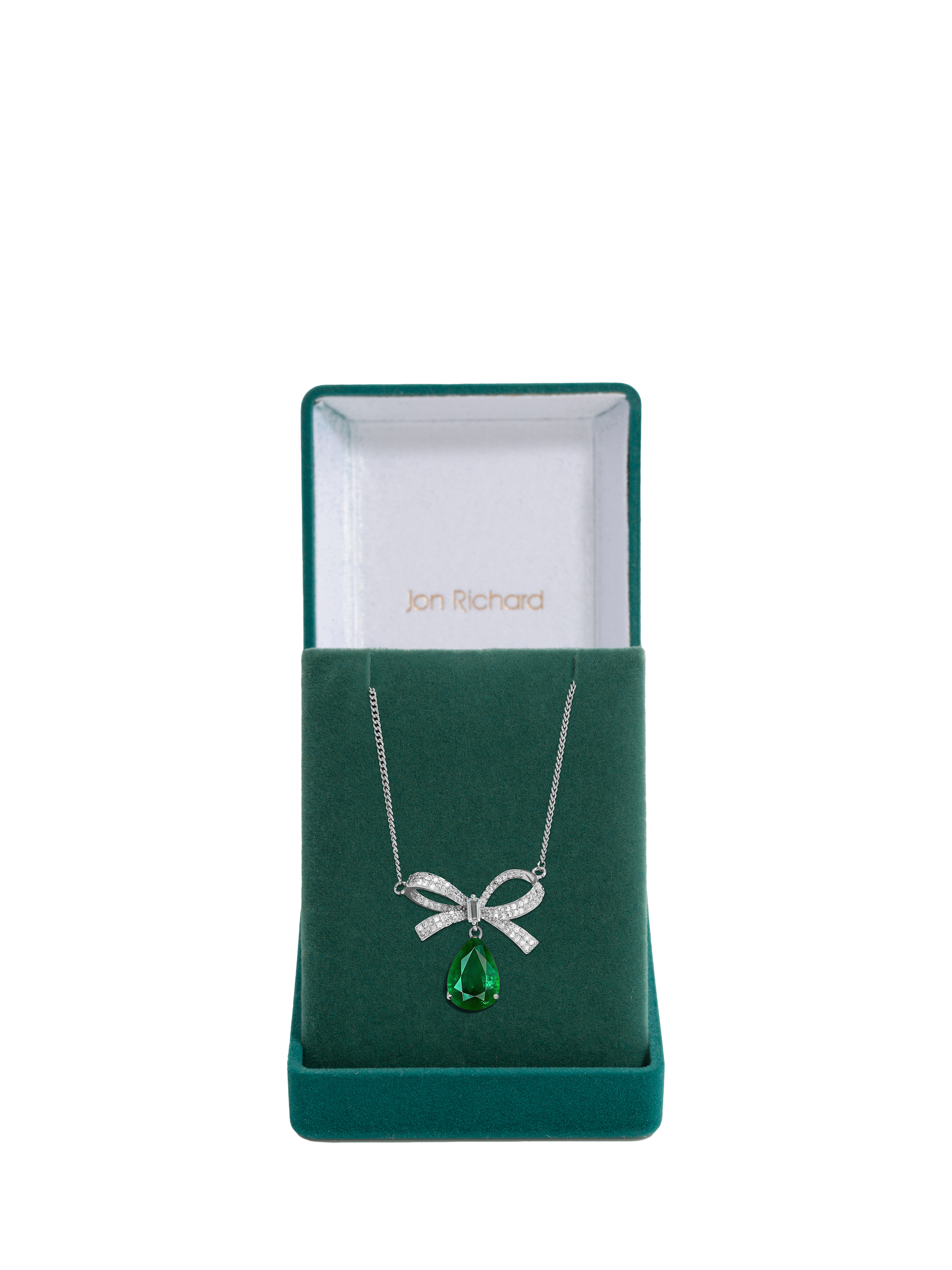 Product image 1 of 4, which shows Jon Richard Emerald Cubic Zirconia Bow Pendant Necklace, Silver