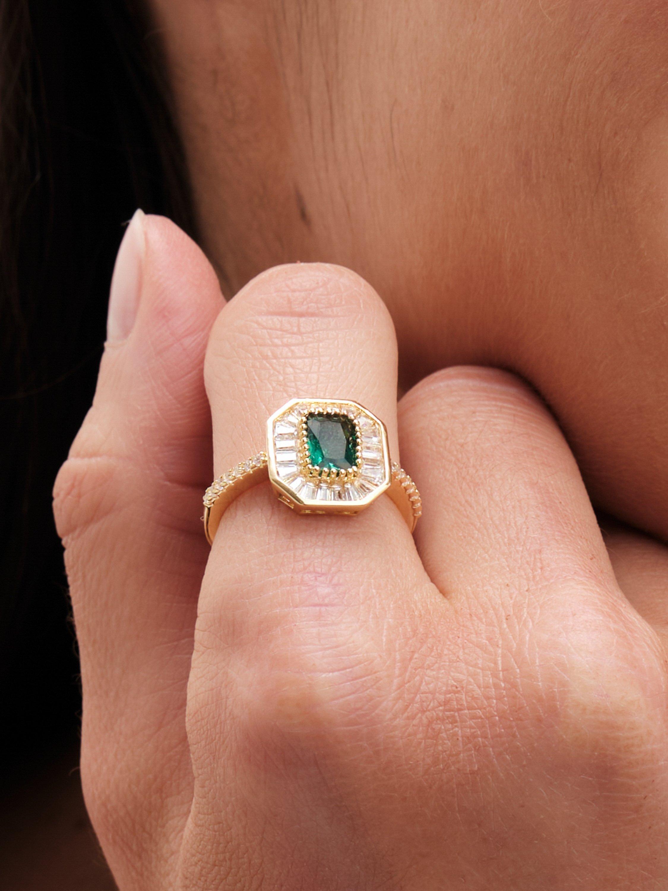 Product image 3 of 3, which shows Jon Richard Cubic Zirconia Emerald Baguette Cocktail Ring, Gold/Emerald, Small