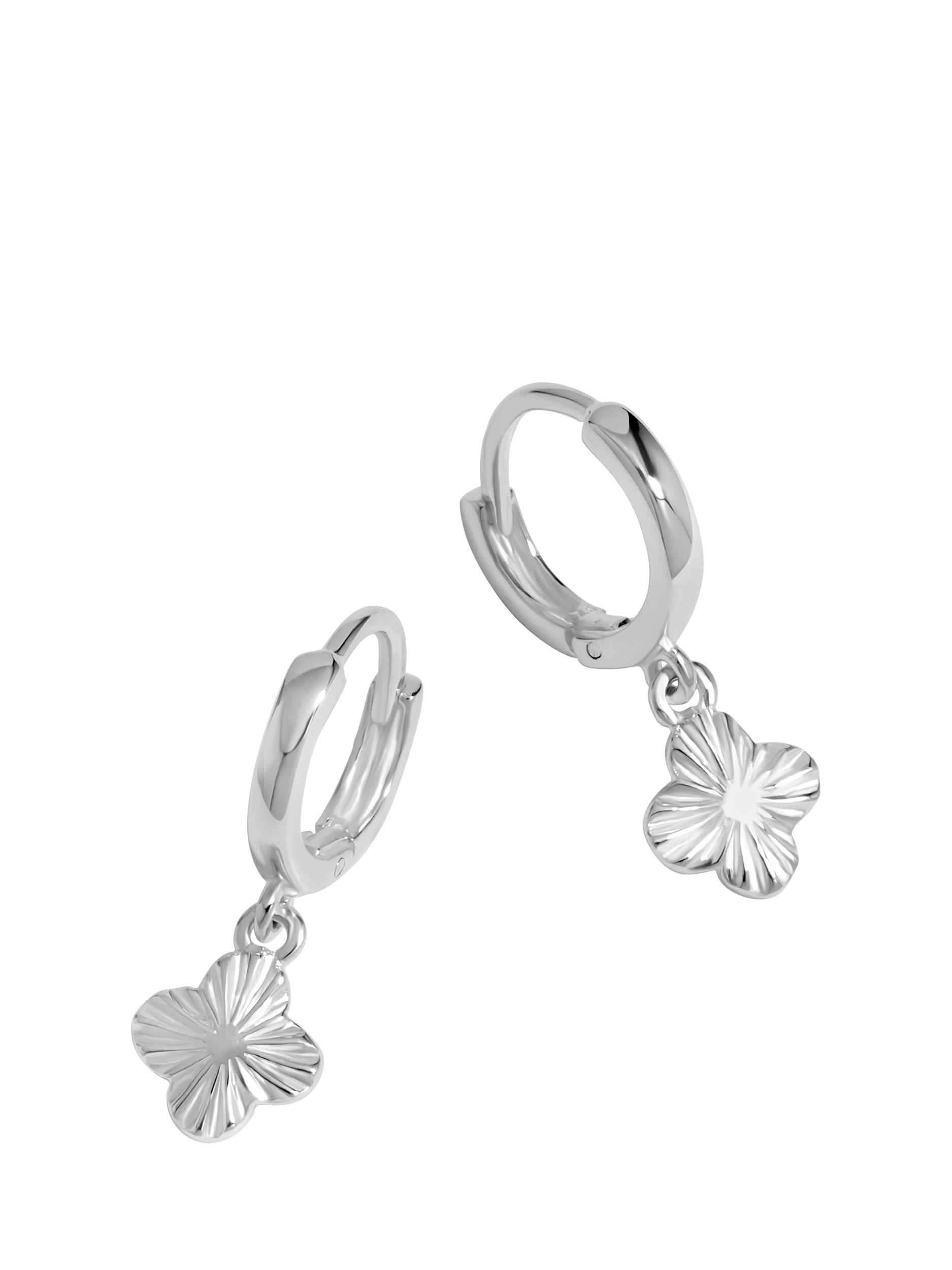 Simply Silver Polished Diamond Cut Clover Charm Drop Hoop Earrings Silver
