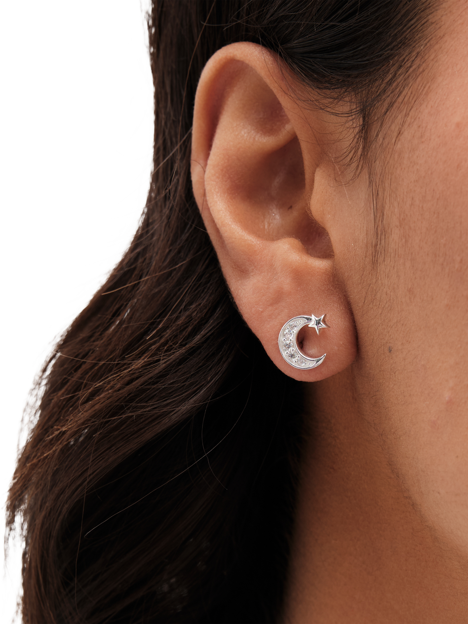 Product image 2 of 3, which shows Simply Silver Cubic Zirconia Pave Celestial Stud Earrings, Silver