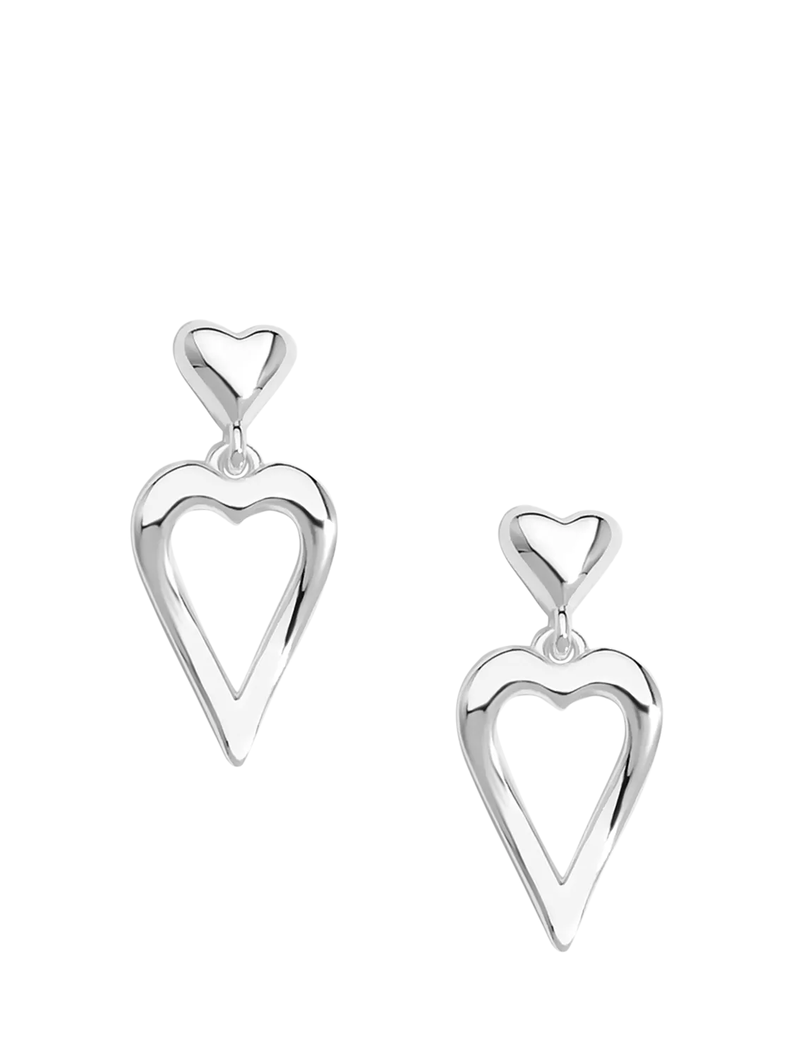 FLAT METAL DOUBLE HEART DROP EARRINGS - SILVER