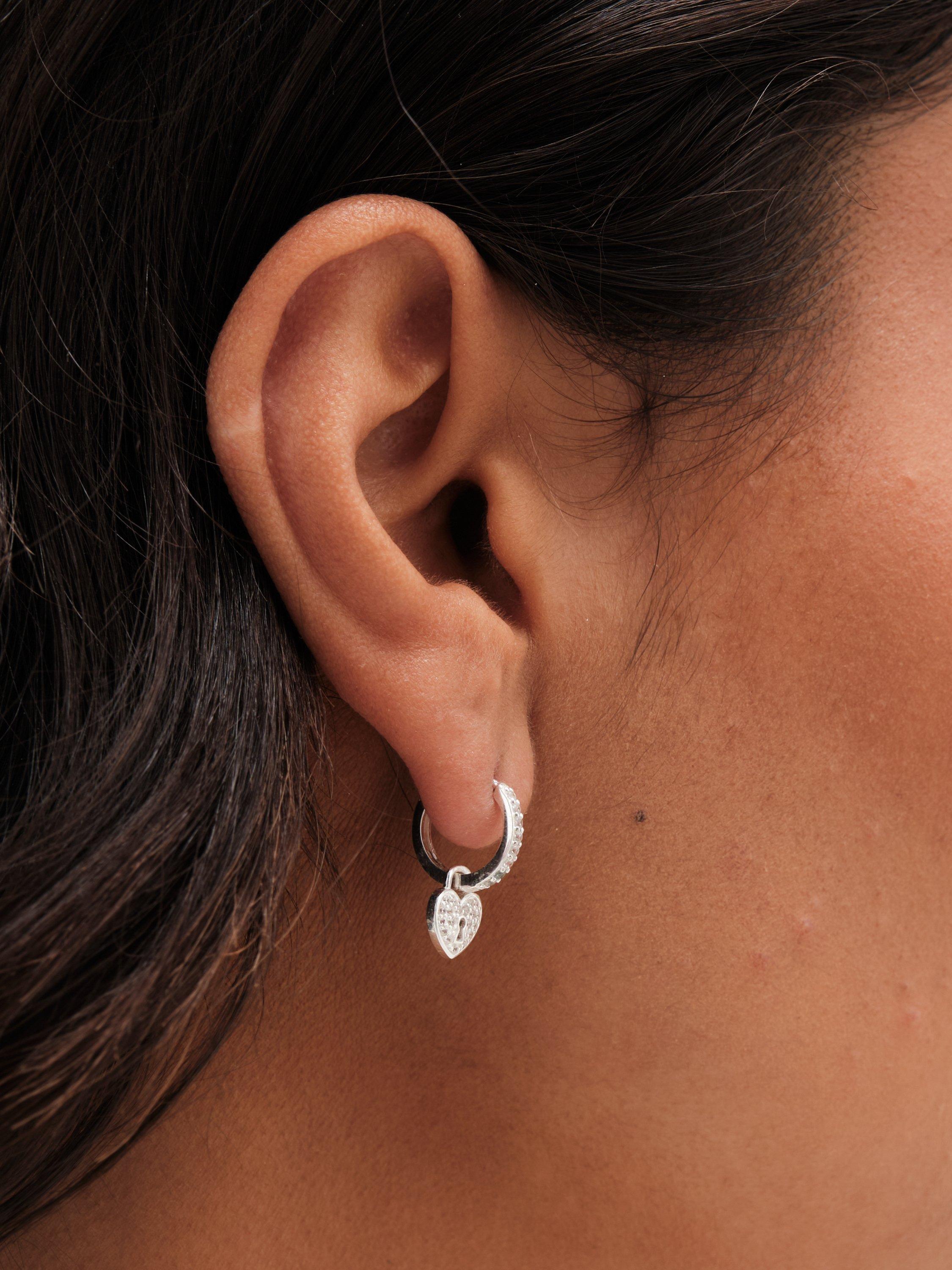Product image 3 of 3, which shows Simply Silver Pave Padlock Charm Hoop Earrings, Silver