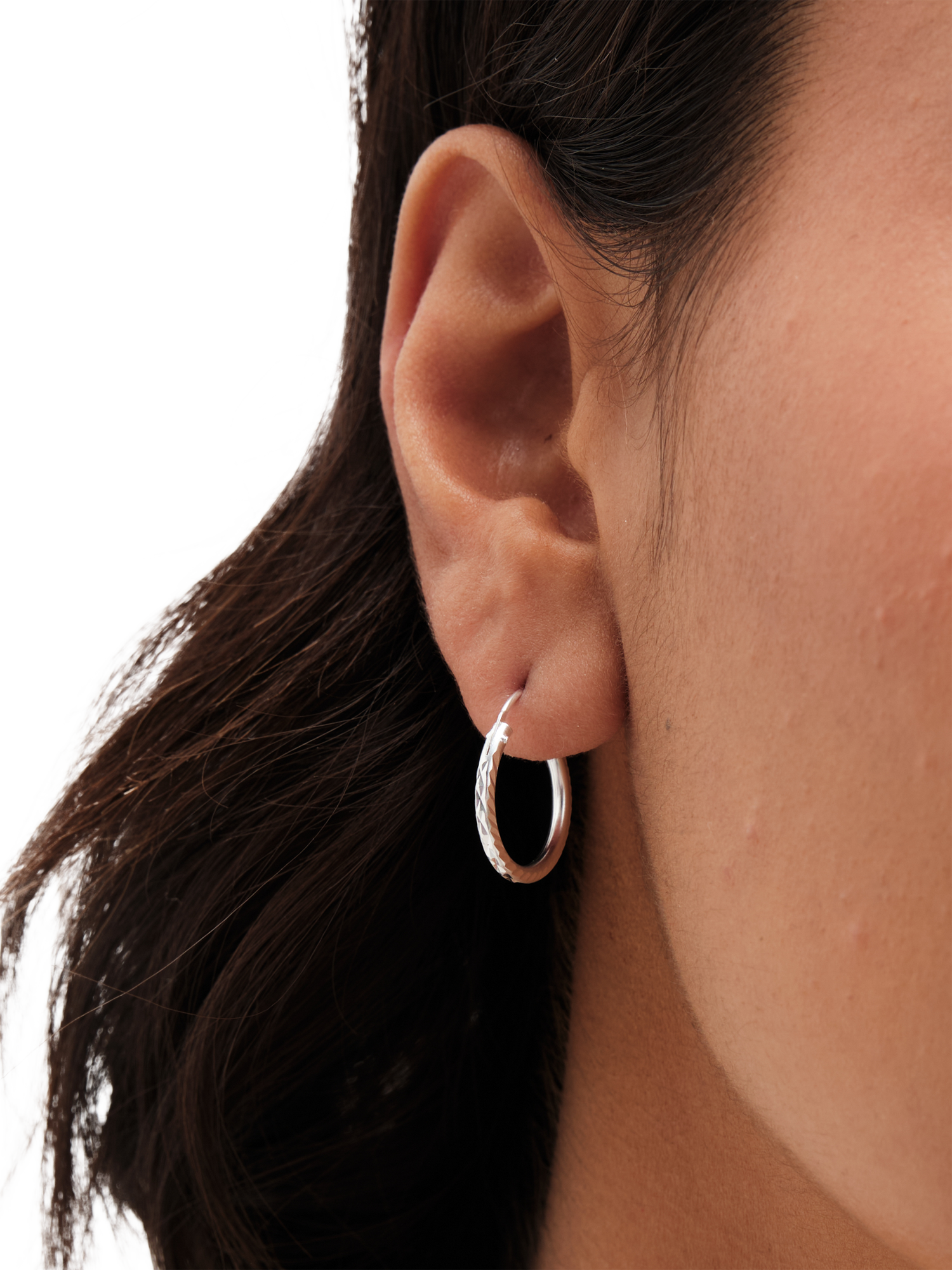 Product image 3 of 4, which shows Simply Silver Textured Mini Sleeper Hoop Earrings, Silver