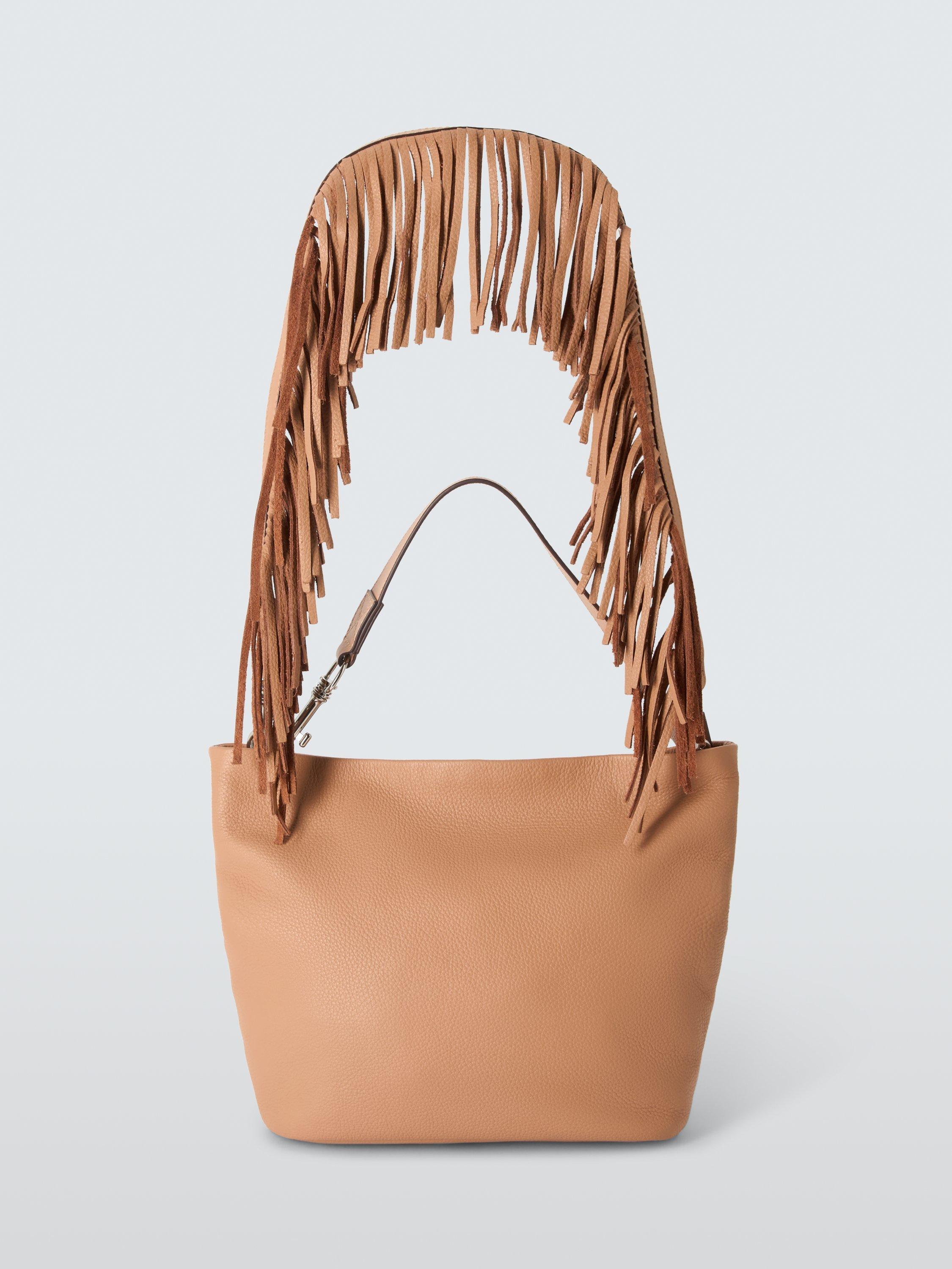 Product image 1 of 7, which shows John Lewis Fringe Strap Medium Leather Bag, Camel
