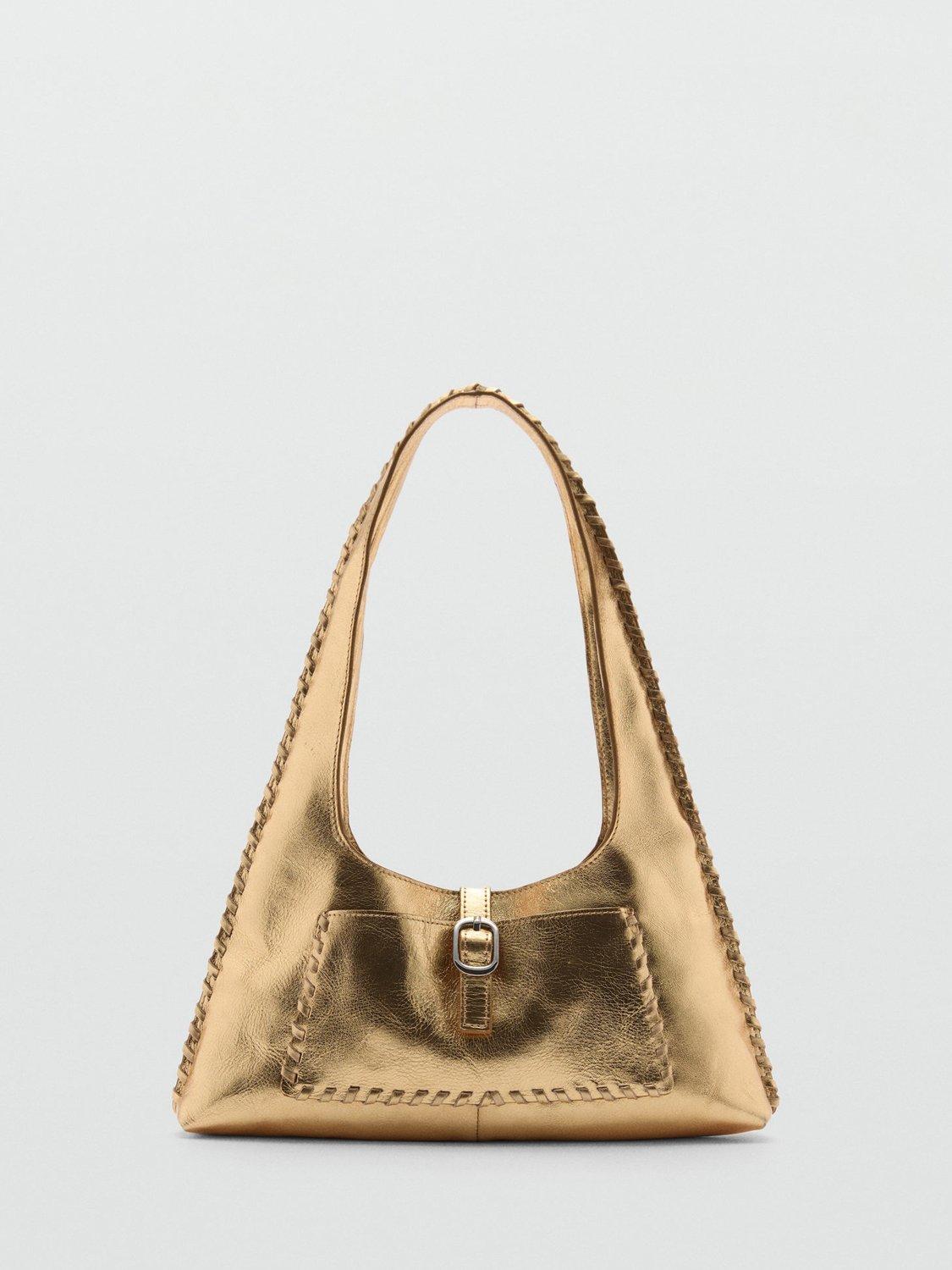 Mango Nat Metallic Leather Stitch Detail Shoulder Bag, Gold