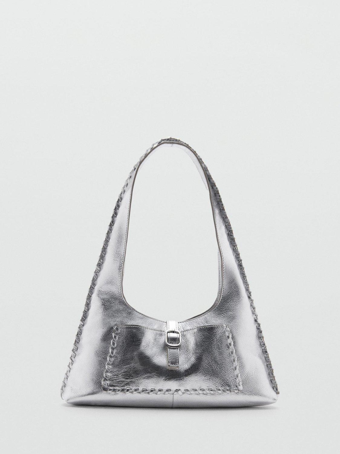 Mango Nat Metallic Leather Stitch Detail Shoulder Bag, Silver