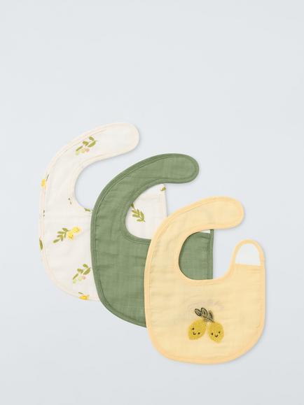 John Lewis Olive and Lemon Round Baby Bib, Pack of 3, Lemon/ Olive/ Multi