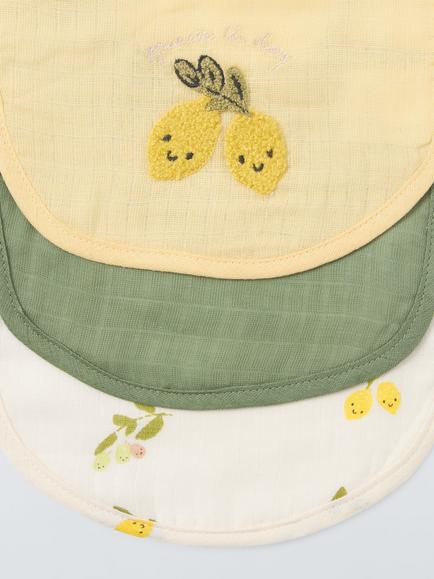 John Lewis Olive and Lemon Round Baby Bib, Pack of 3 - view 2, Lemon/ Olive/ Multi