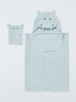John Lewis Baby Hippo Hooded Towel & Mitt Set, Blue