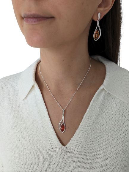 Be-Jewelled Marquise Cut Baltic Amber Drop Earrings, Silver - view 2, Silver