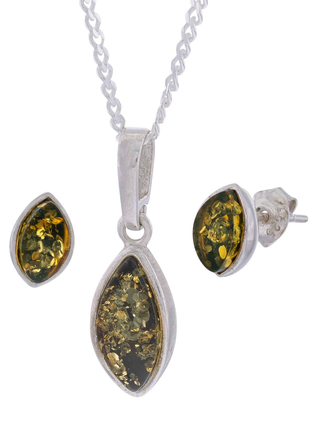 Be Jewelled Marquise Cut Baltic Amber Pendant Necklace and Stud Earrings Jewellery Set Silver