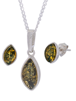 Be-Jewelled Marquise Cut Baltic Amber Pendant Necklace and Stud Earrings Jewellery Set, Silver, Silver