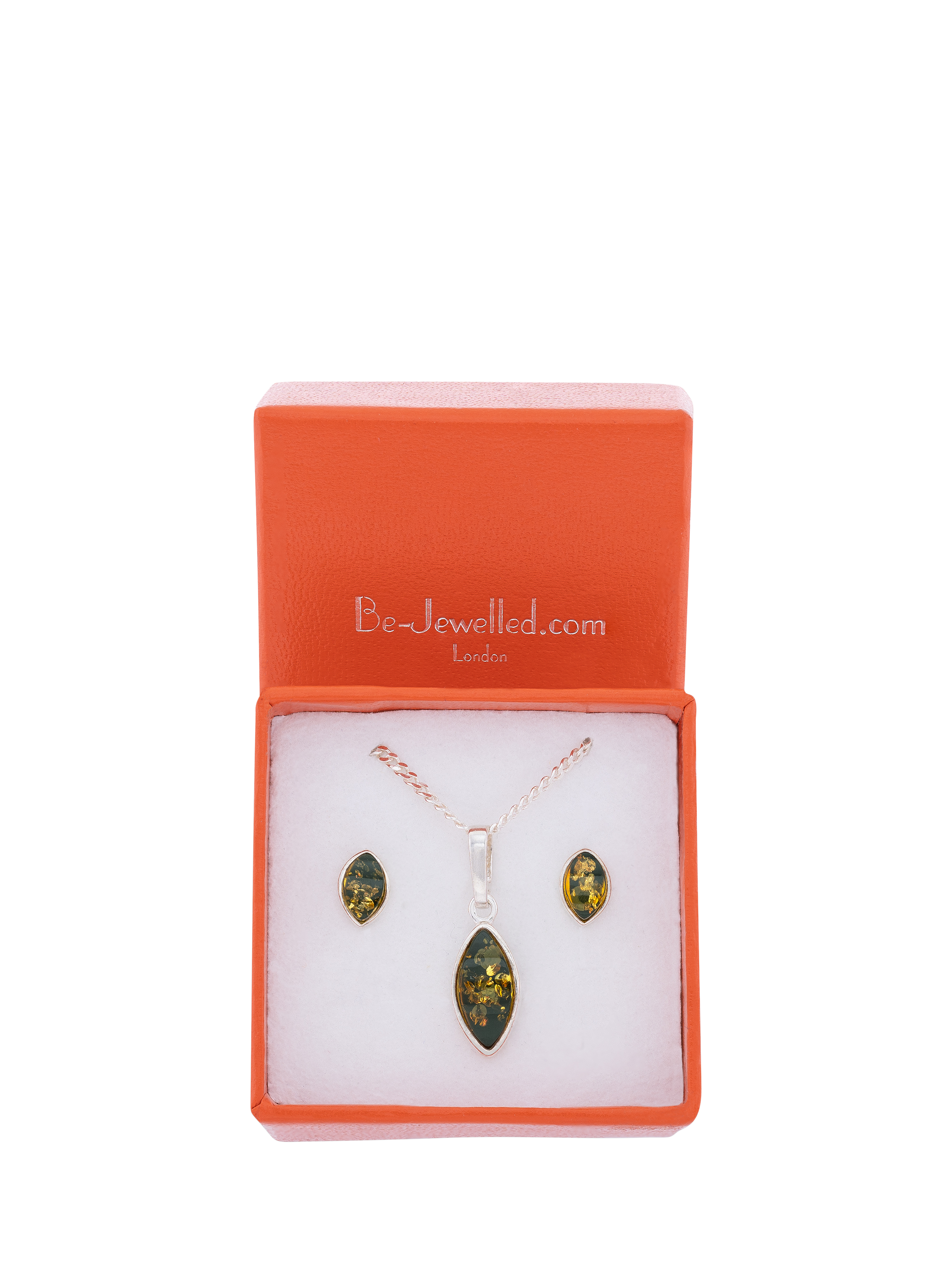 Product image 3 of 4, which shows Be-Jewelled Marquise Cut Baltic Amber Pendant Necklace and Stud Earrings Jewellery Set, Silver