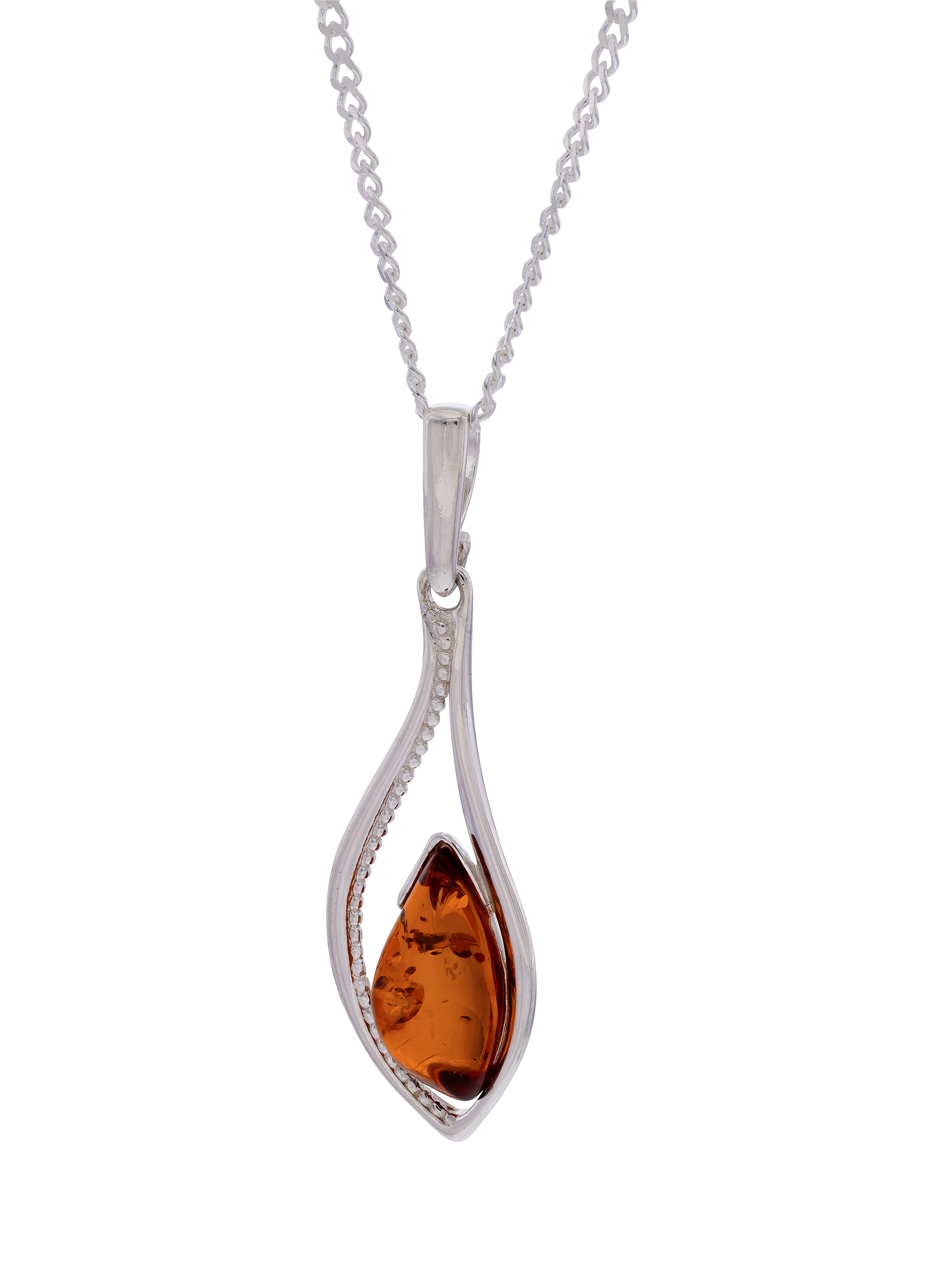 Product image 1 of 3, which shows Be-Jewelled Marquise Cut Baltic Amber Pendant Necklace, Silver/Cognac