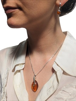 Be-Jewelled Limited Edition Freeform Baltic Amber Pendant Necklace, Silver/Cognac - view 2, Silver/Cognac