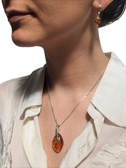 Be-Jewelled Limited Edition Freeform Baltic Amber Pendant Necklace, Silver/Cognac - view 2, Silver/Cognac