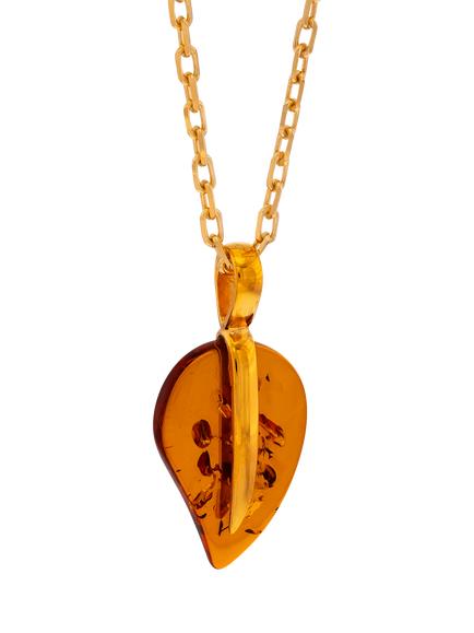 Be-Jewelled Baltic Amber Leaf Pendant Necklace, Gold/Cognac, Gold/Cognac
