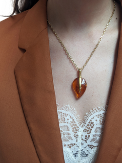 Be-Jewelled Baltic Amber Leaf Pendant Necklace, Gold/Cognac - view 2, Gold/Cognac