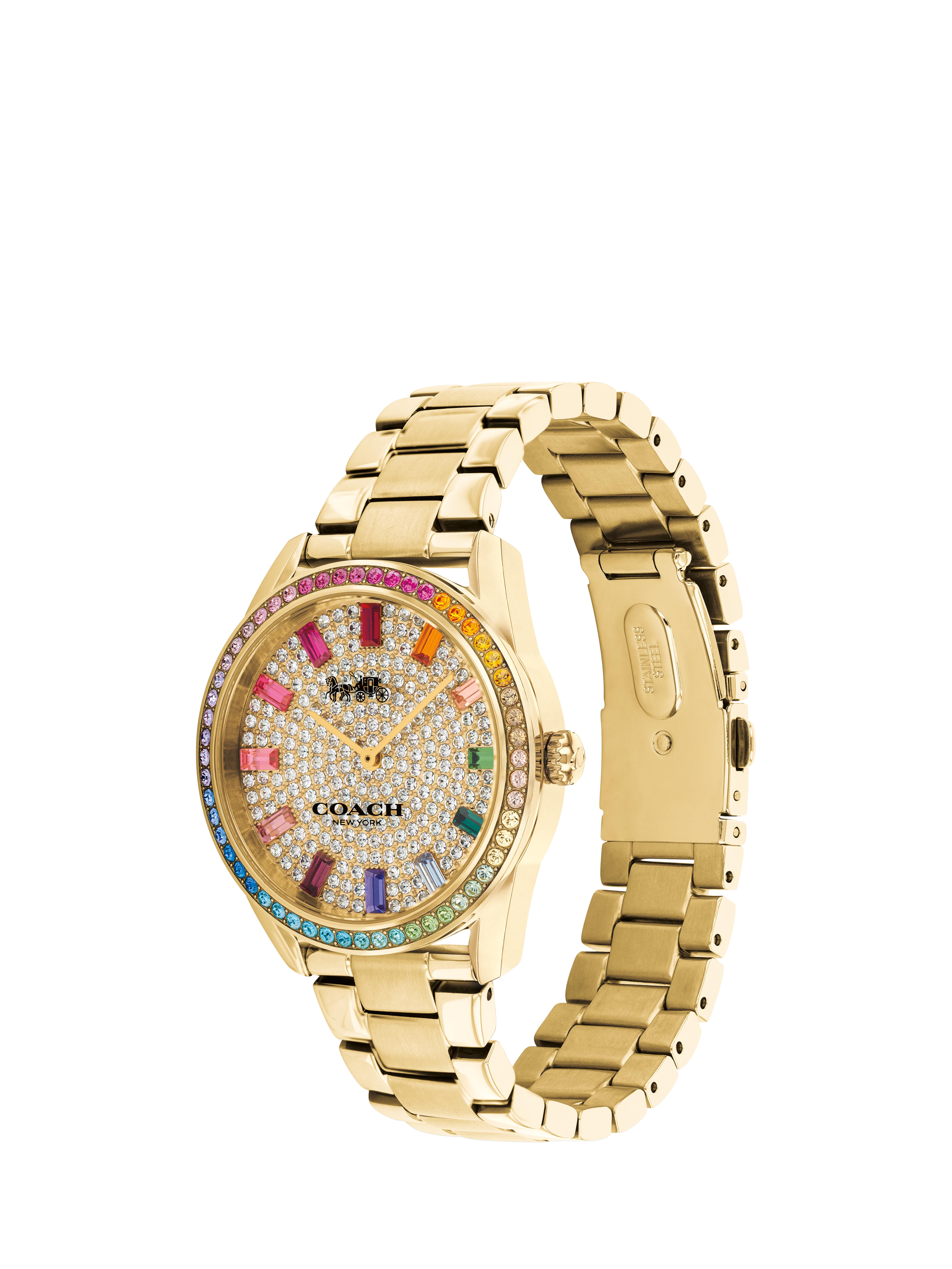 Product image 2 of 5, which shows Coach Women's Preston Rainbow Crystal Bracelet Strap Watch, Gold