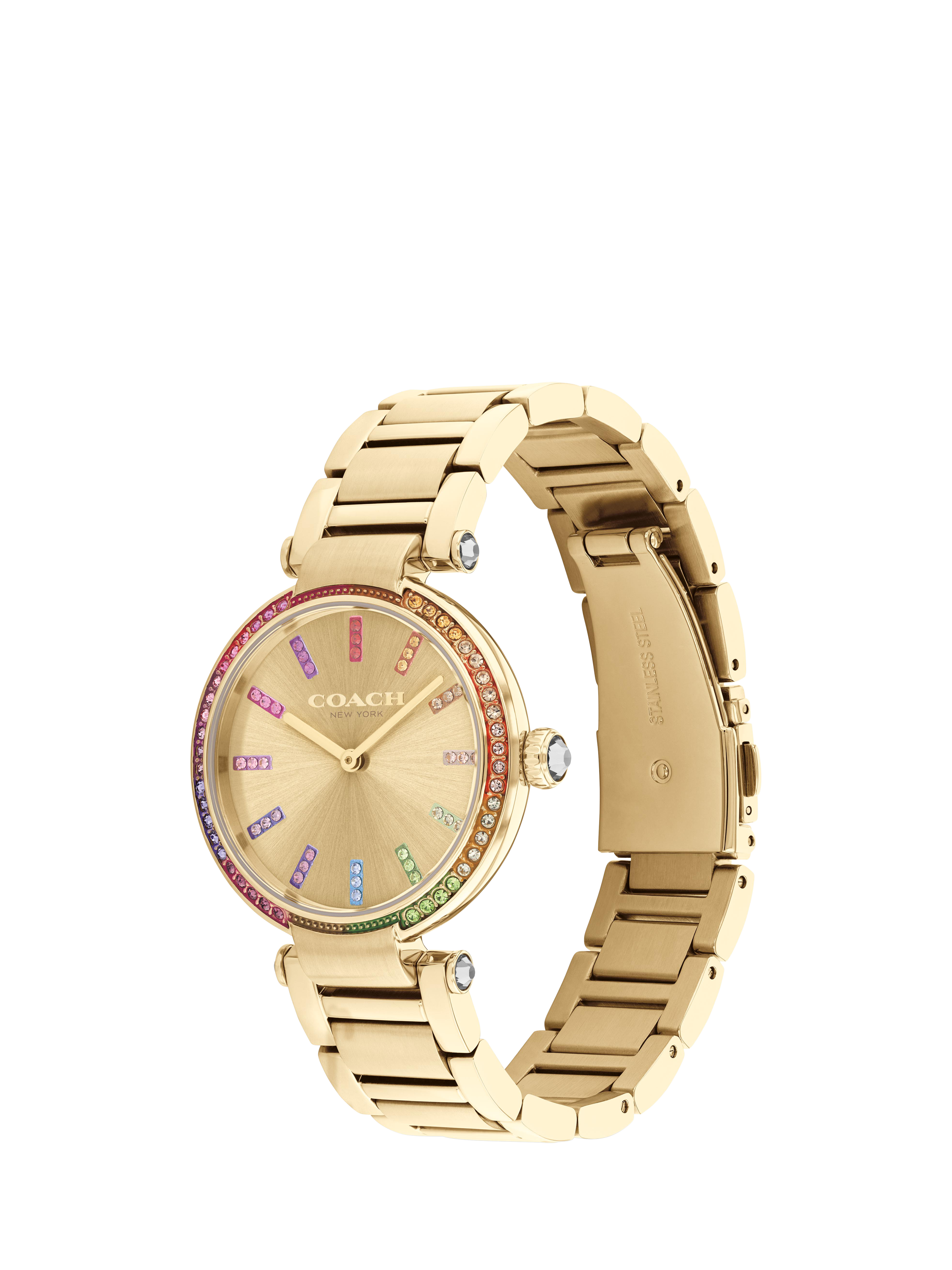 Product image 2 of 5, which shows Coach Women's Cary Rainbow Crystal Bracelet Strap Watch, Gold/Multi