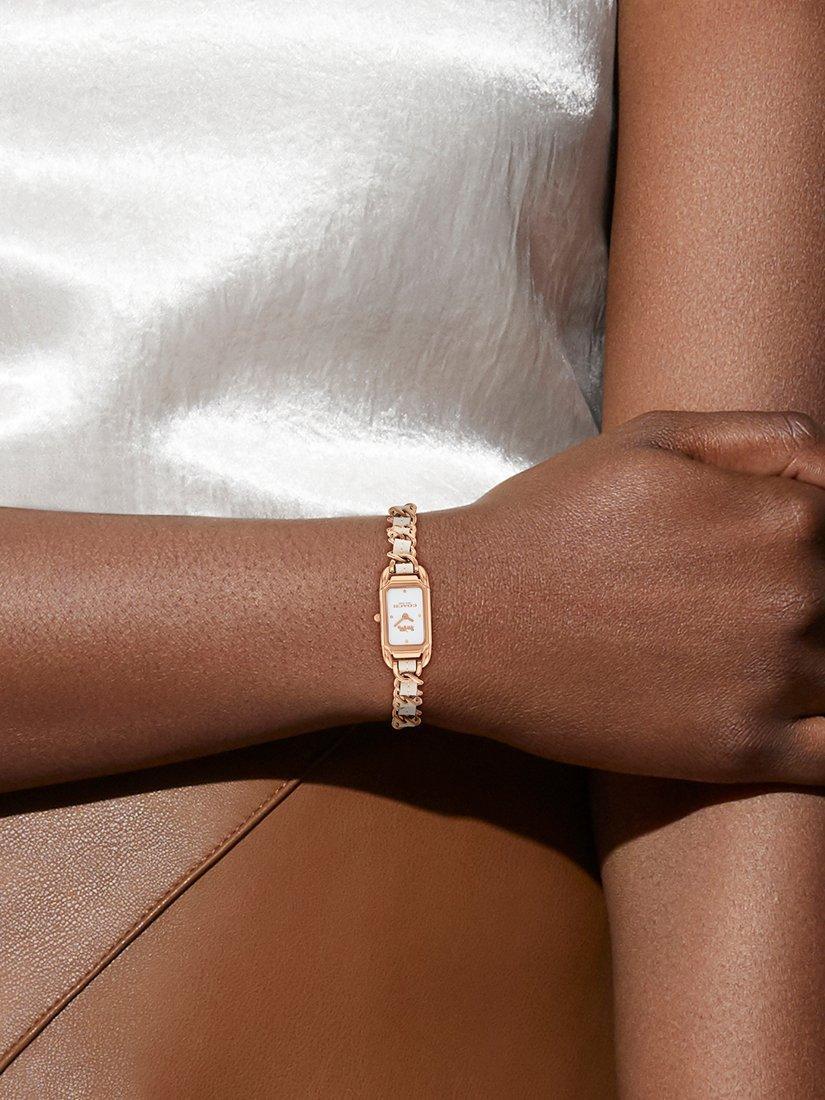 Product image 4 of 5, which shows Coach Women's Cadie Rectangular Leather Chain Link Bracelet Strap Watch, Rose Gold/White