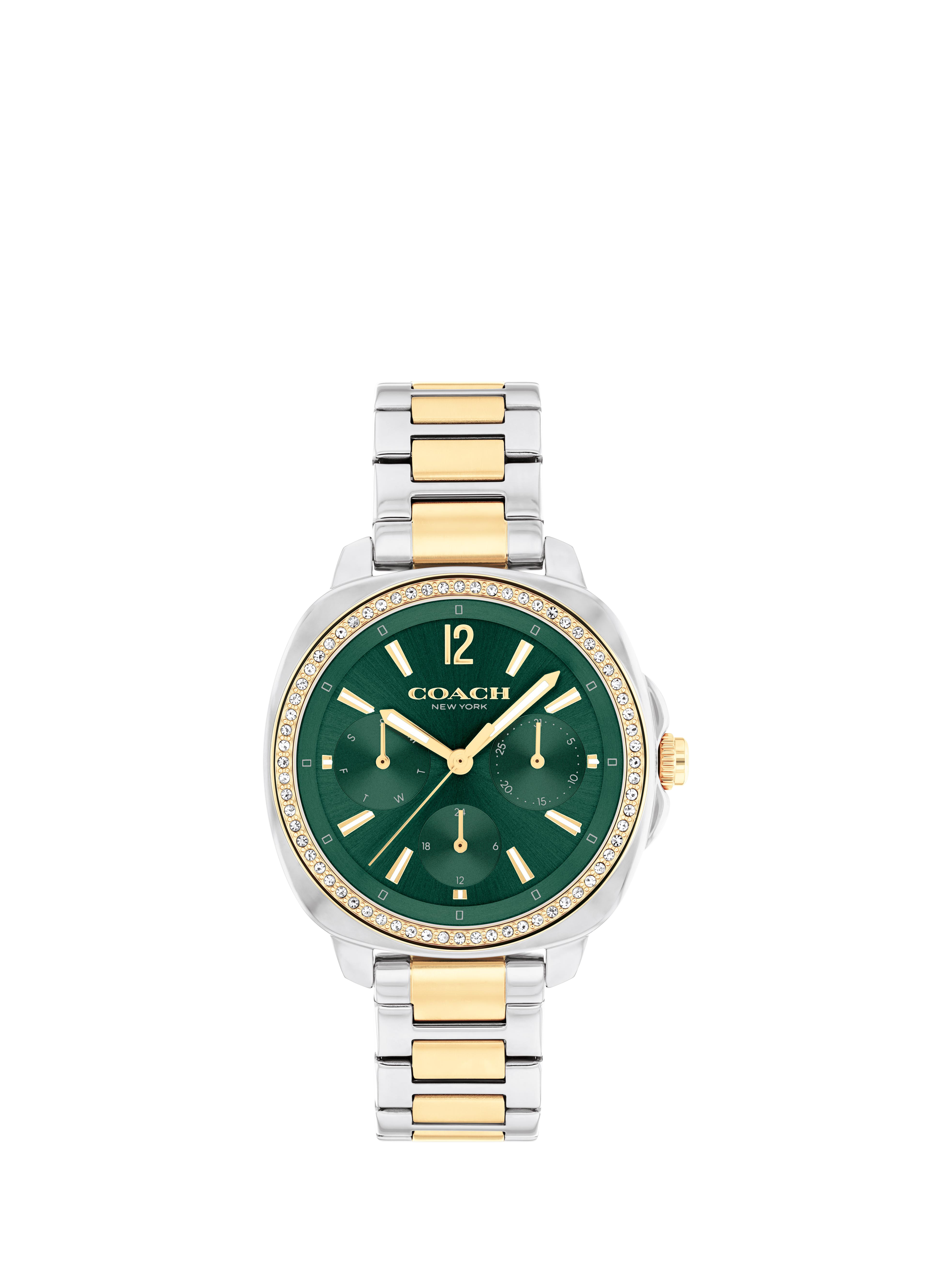 Product image 1 of 4, which shows Coach Women's Kitt Crystal Bezel Bracelet Strap Watch, Gold/Silver