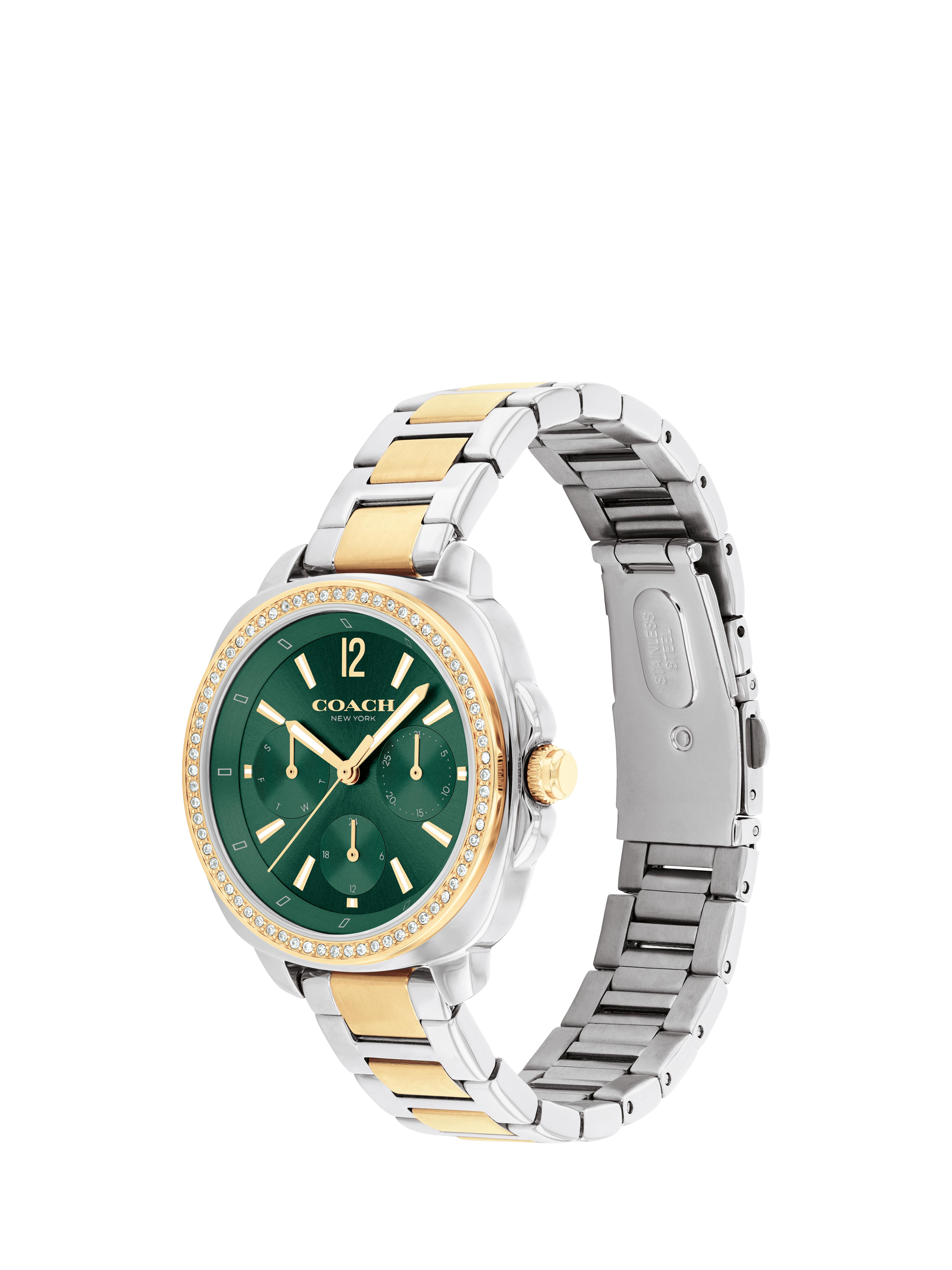 Product image 2 of 4, which shows Coach Women's Kitt Crystal Bezel Bracelet Strap Watch, Gold/Silver