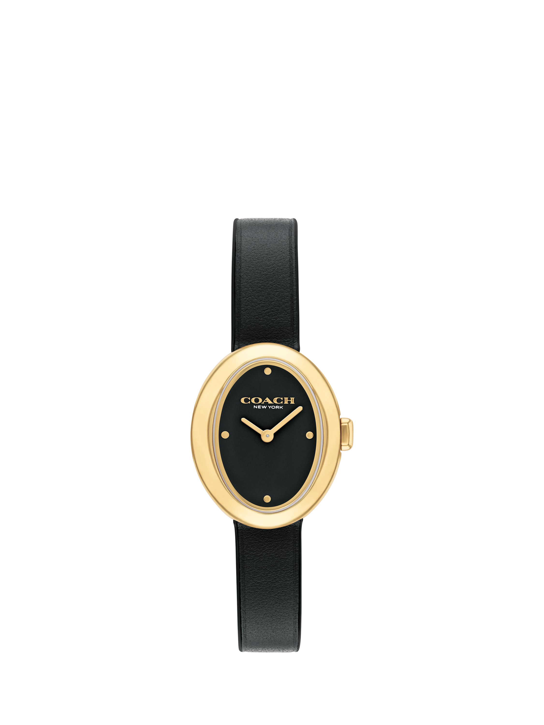 Product image 1 of 5, which shows Coach Women's Sammy Oval Leather Strap Watch, Gold/Black