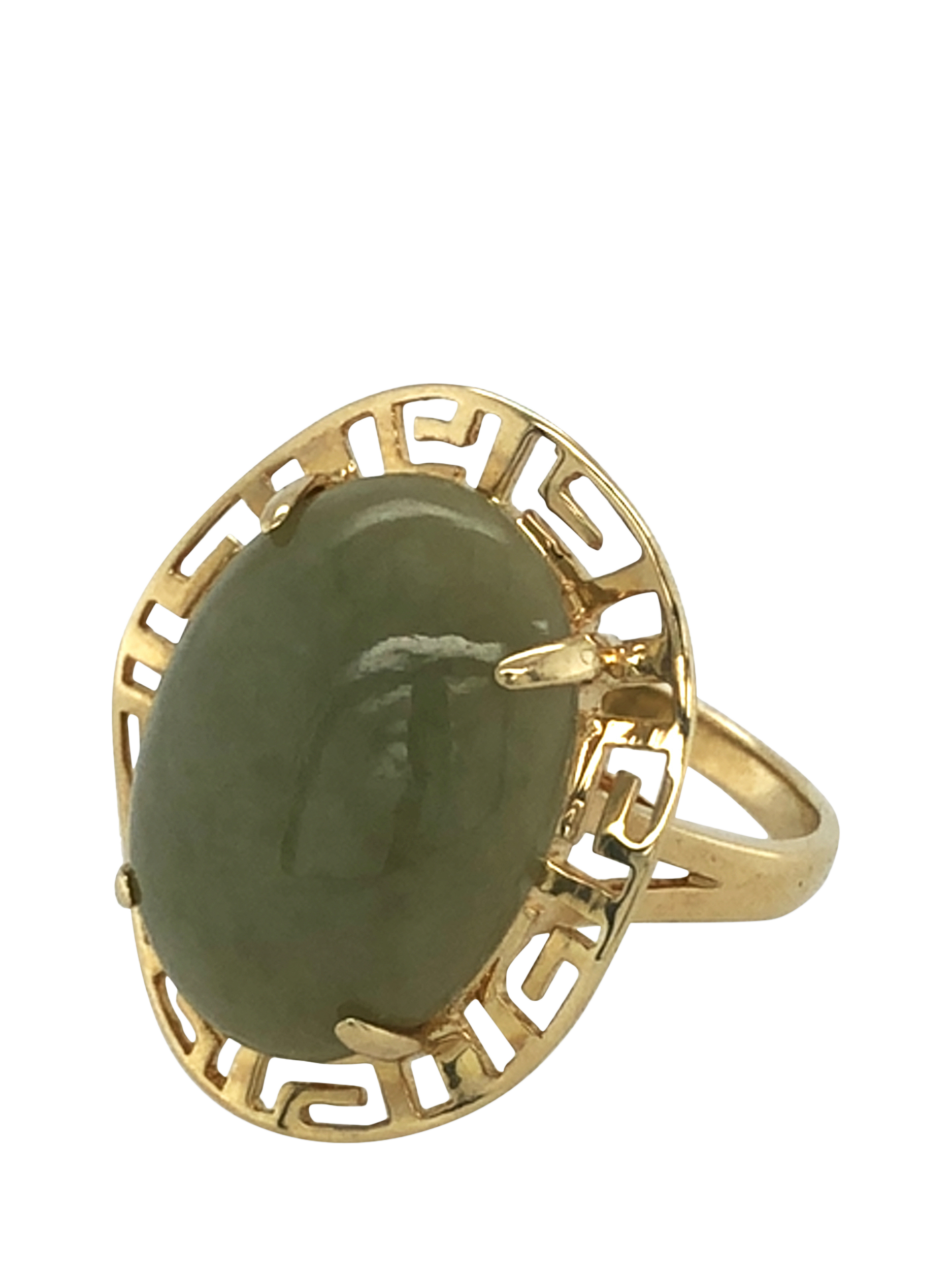 Vintage Fine Jewellery Pre-Loved 14ct Yellow Gold Jade Greek Key Ring, Dated Birmingham 1999