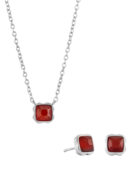 COEUR DE LION Semi-Precious Stone Pendant Necklace and Stud Earring Set, Silver, Red Agate/January