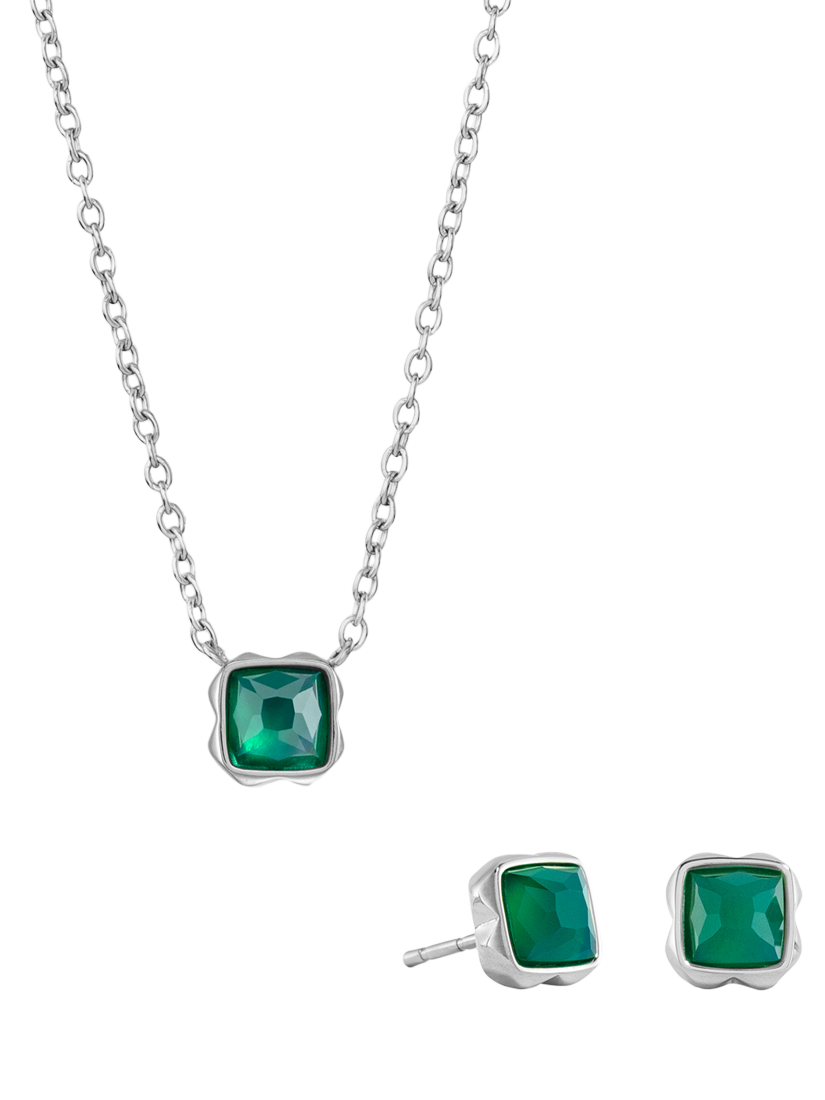 Product image 1 of 1, which shows COEUR DE LION Semi-Precious Stone Pendant Necklace and Stud Earring Set, Silver, Green Agate/May