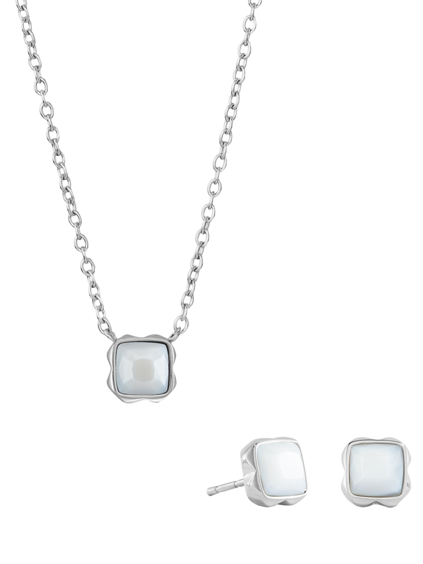 Product image 1 of 1, which shows COEUR DE LION Semi-Precious Stone Pendant Necklace and Stud Earring Set, Silver, White Quartz/April